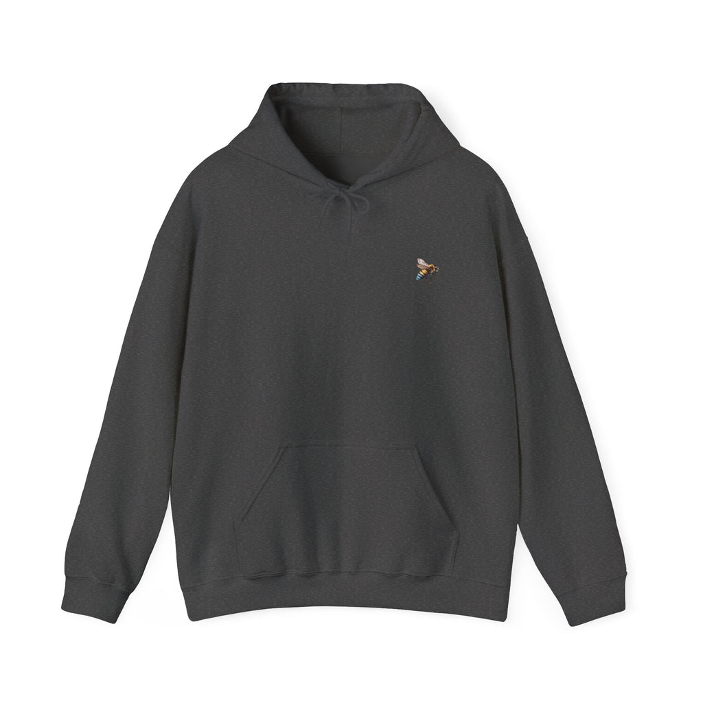 Dark gray hoodie with a small bee logo on a white background