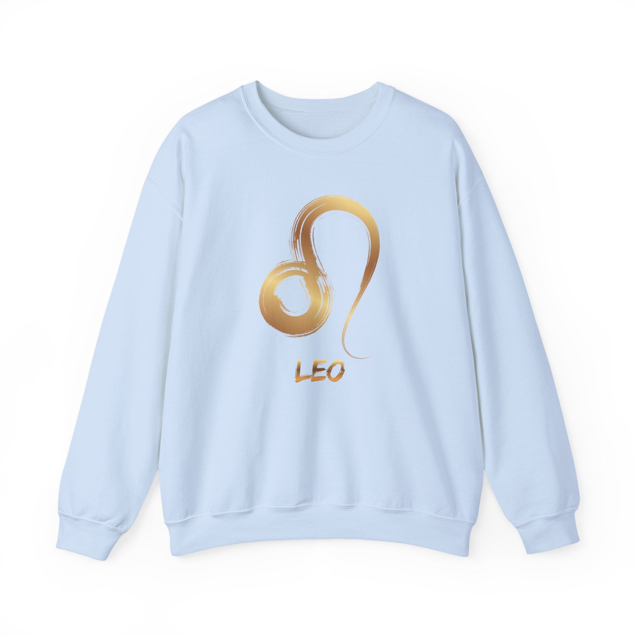 Light blue sweatshirt with gold Leo symbol and text on a white background
