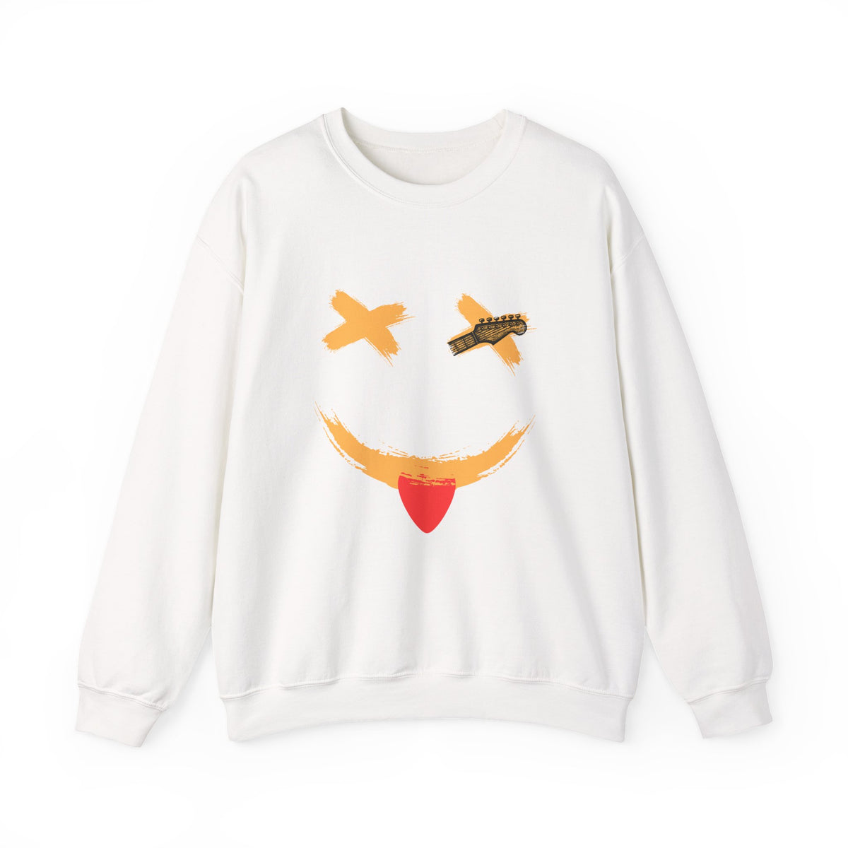 White sweatshirt with a smiley guitar face design on a white background