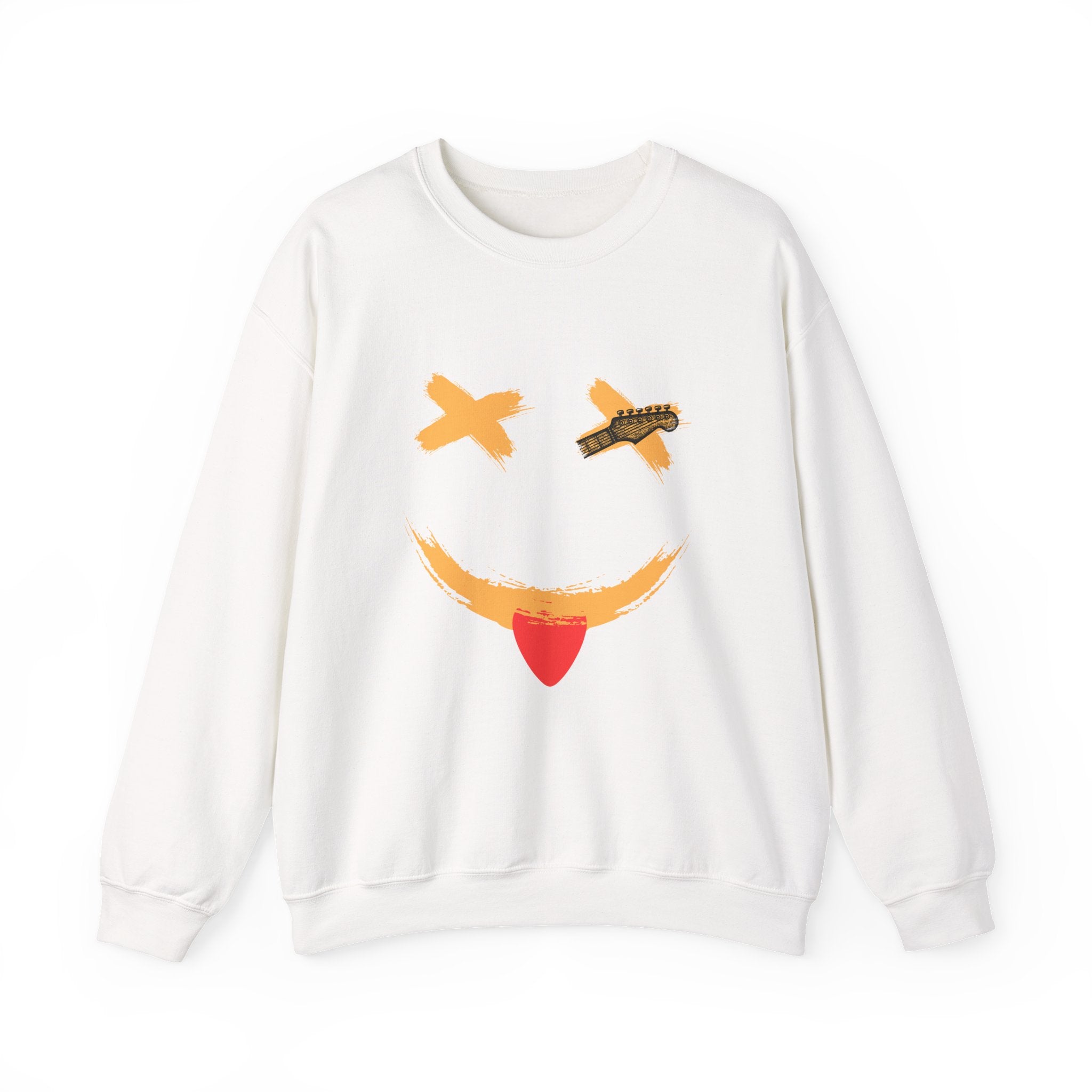 White sweatshirt with a smiley guitar face design on a white background