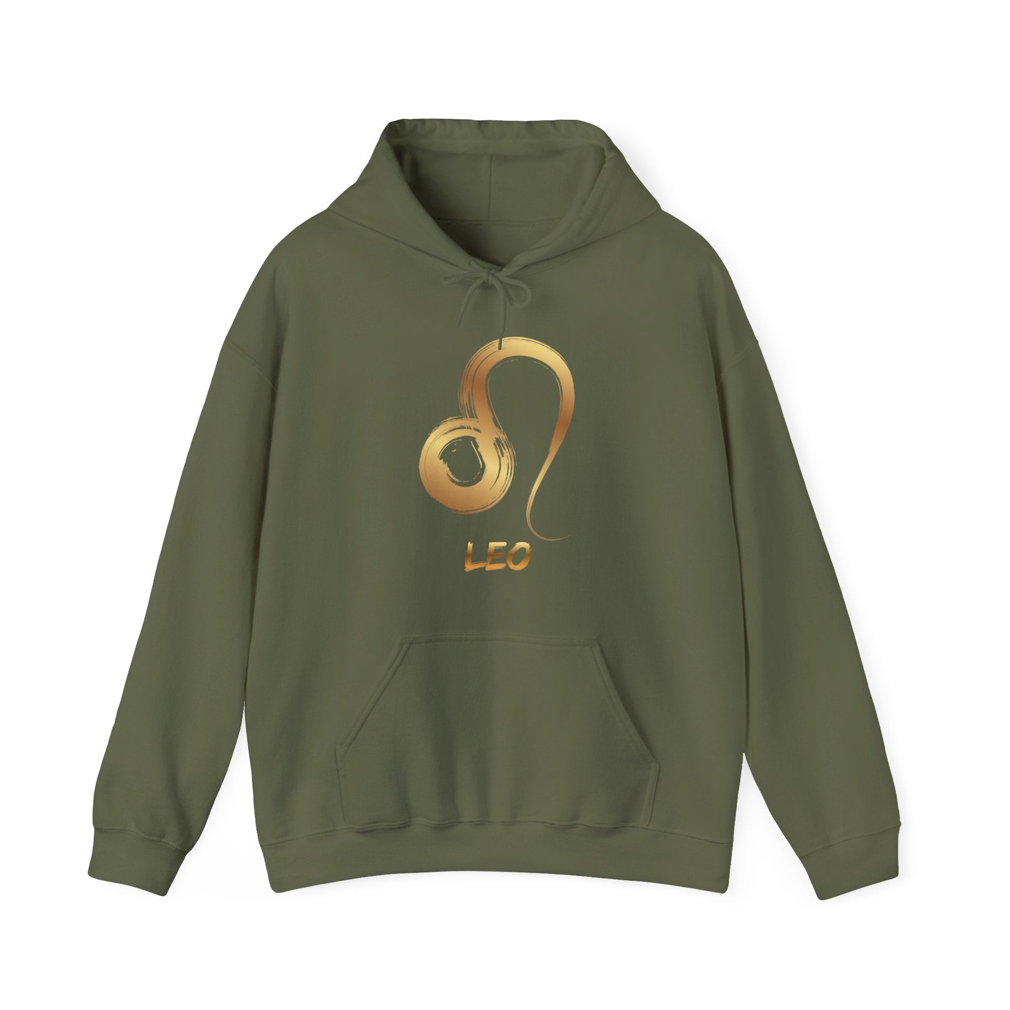 Green hoodie with a gold Leo symbol on a white background