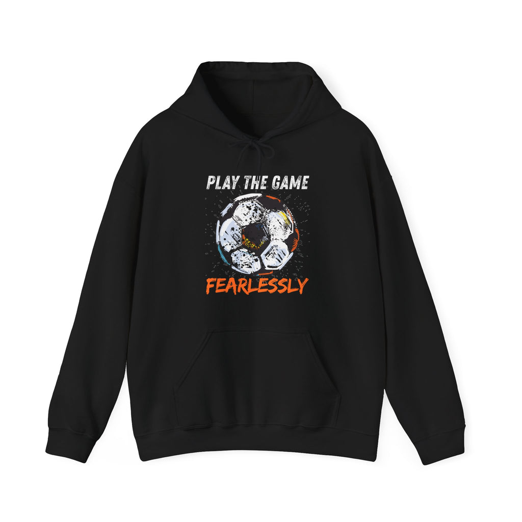 Black hoodie with dirty soccer ball graphic and play the game fearlessly text on a white background