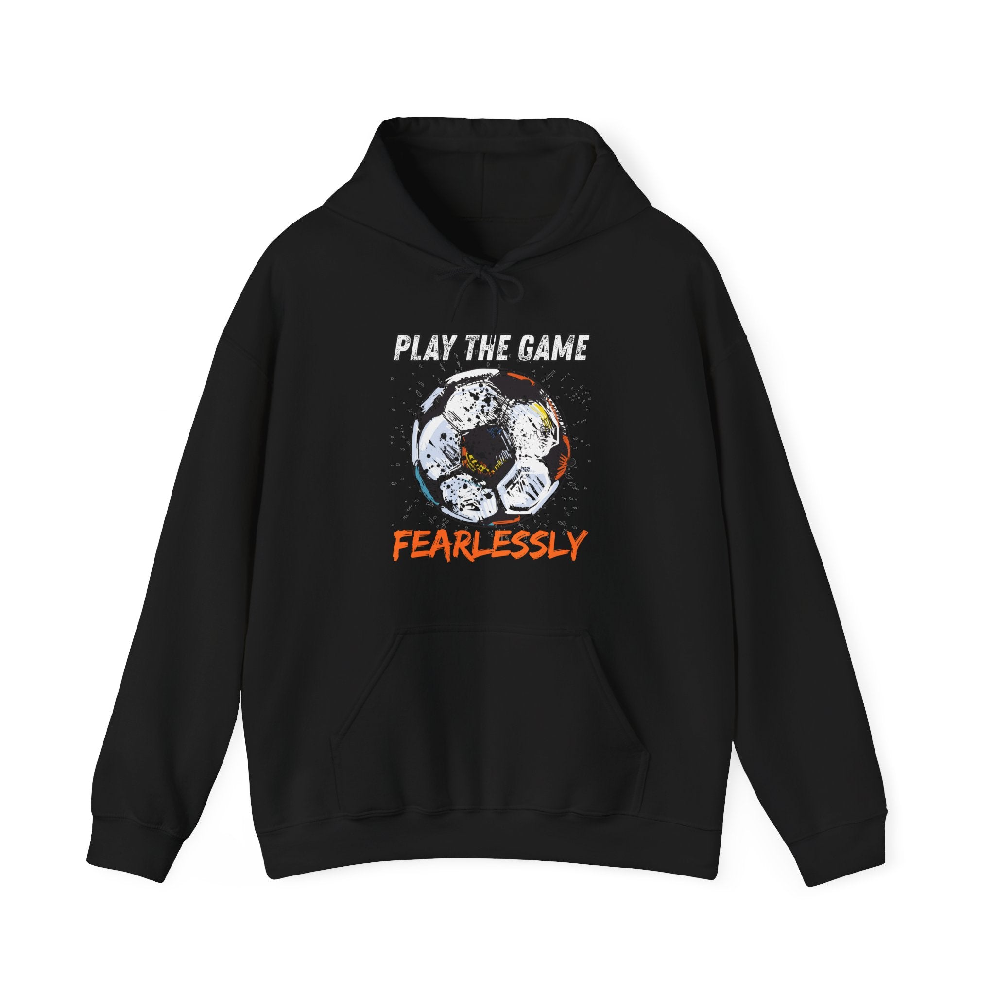 Black hoodie with dirty soccer ball graphic and play the game fearlessly text on a white background