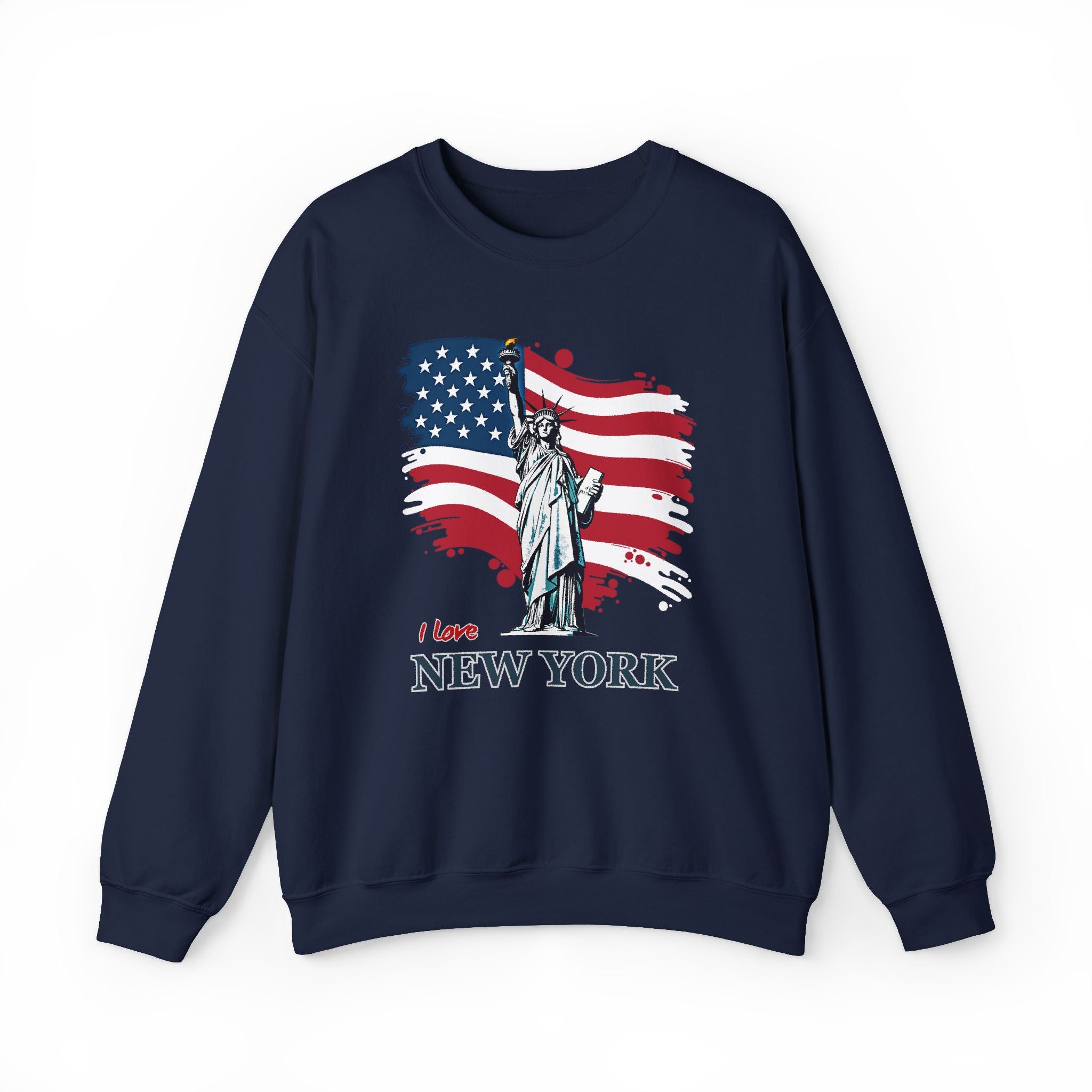 Navy blue sweatshirt with Statue of Liberty and American flag design on a white background