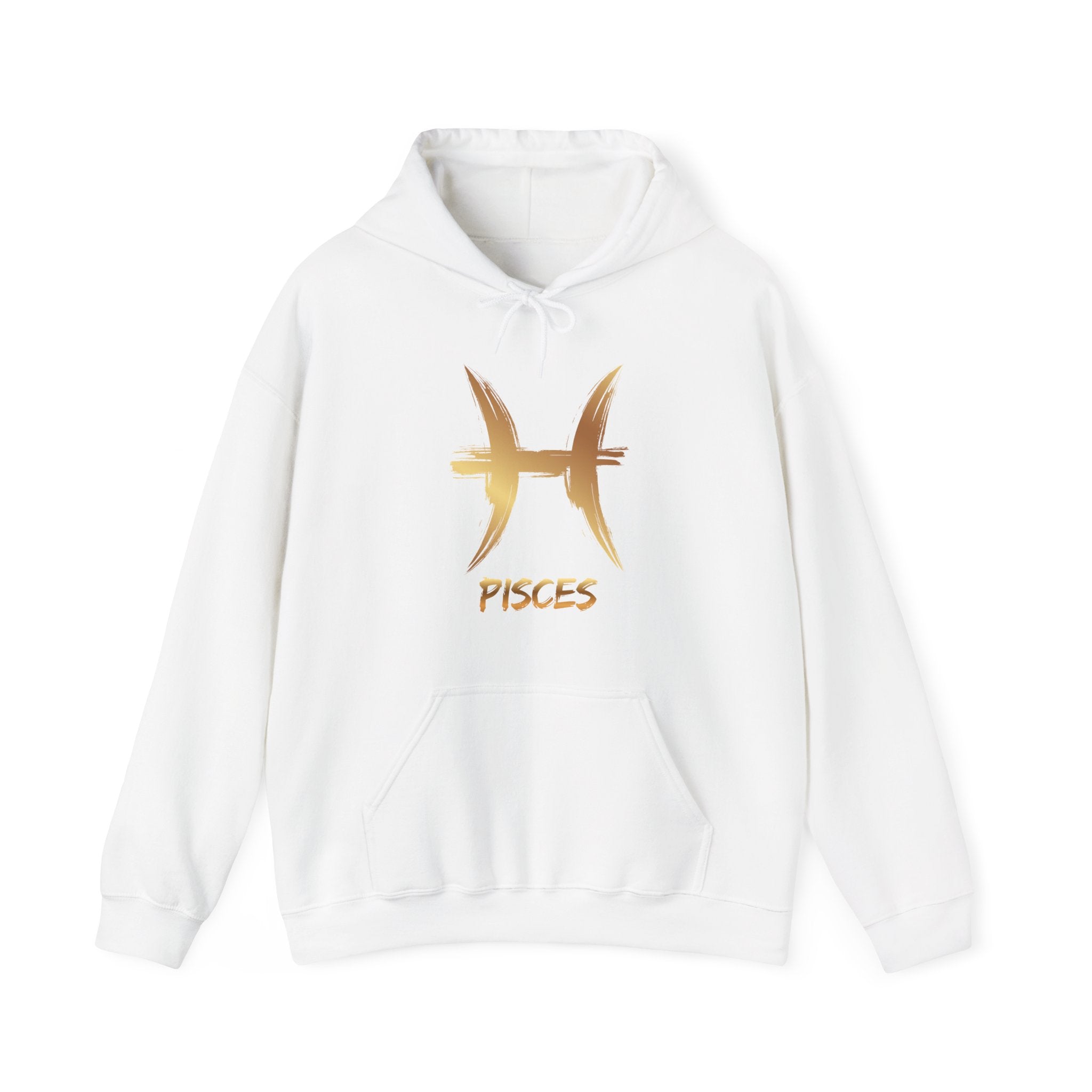 White hoodie with gold Pisces symbol and text on a white background