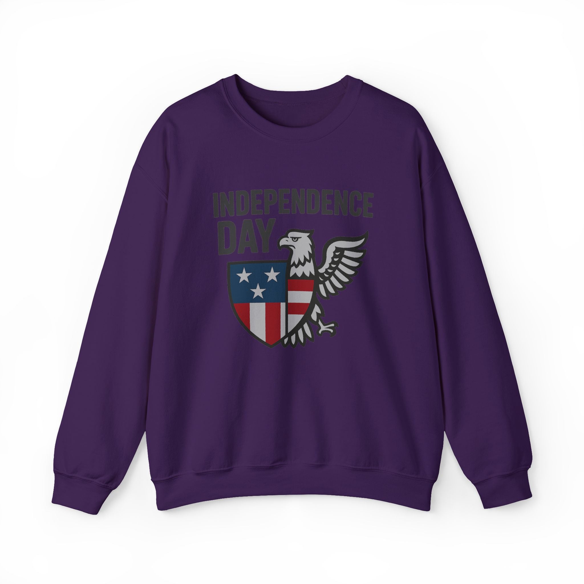 Purple sweatshirt with 'Independence Day' and eagle design on a white background