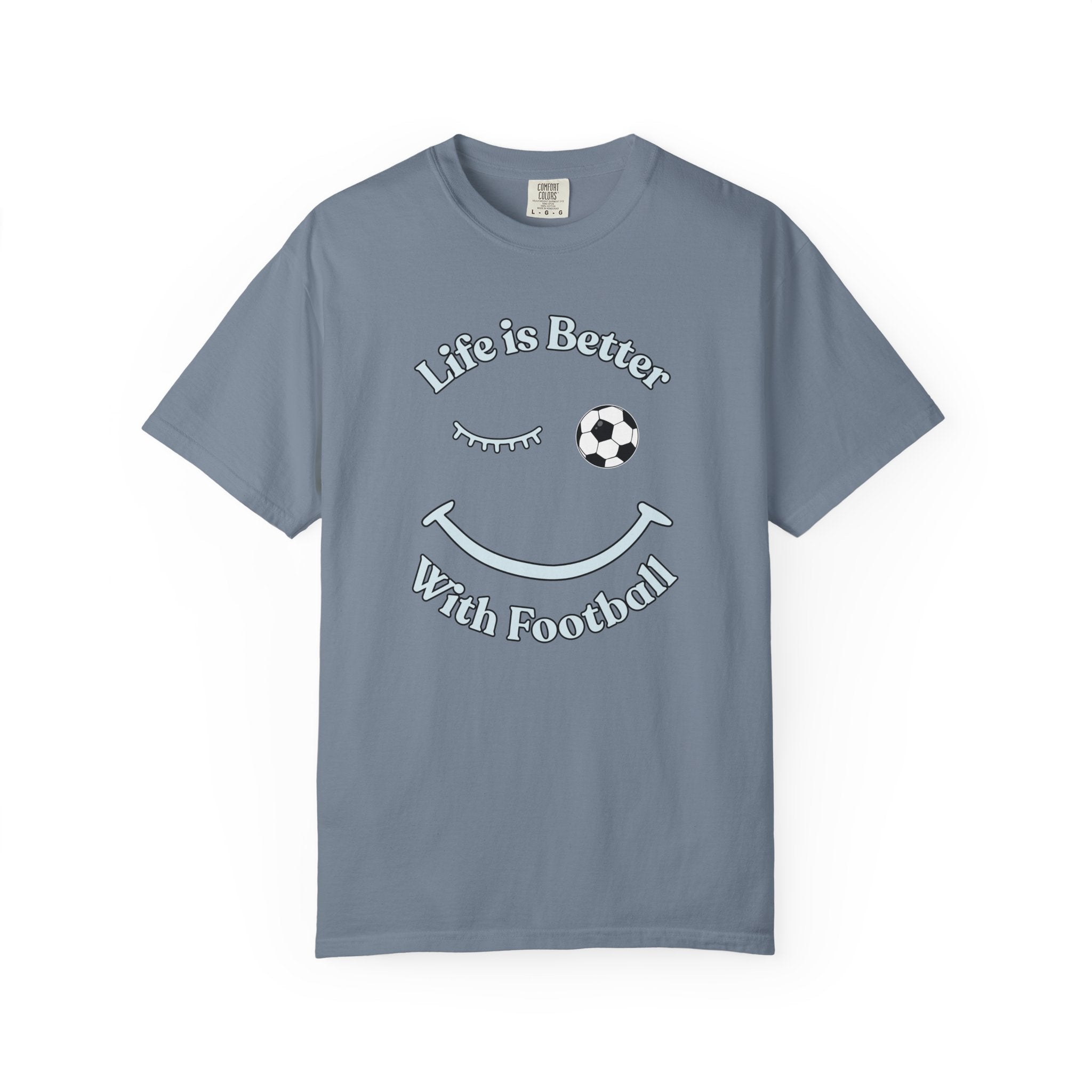 Blue t-shirt with 'Life is Better With Football' text and smiley face design on a white background