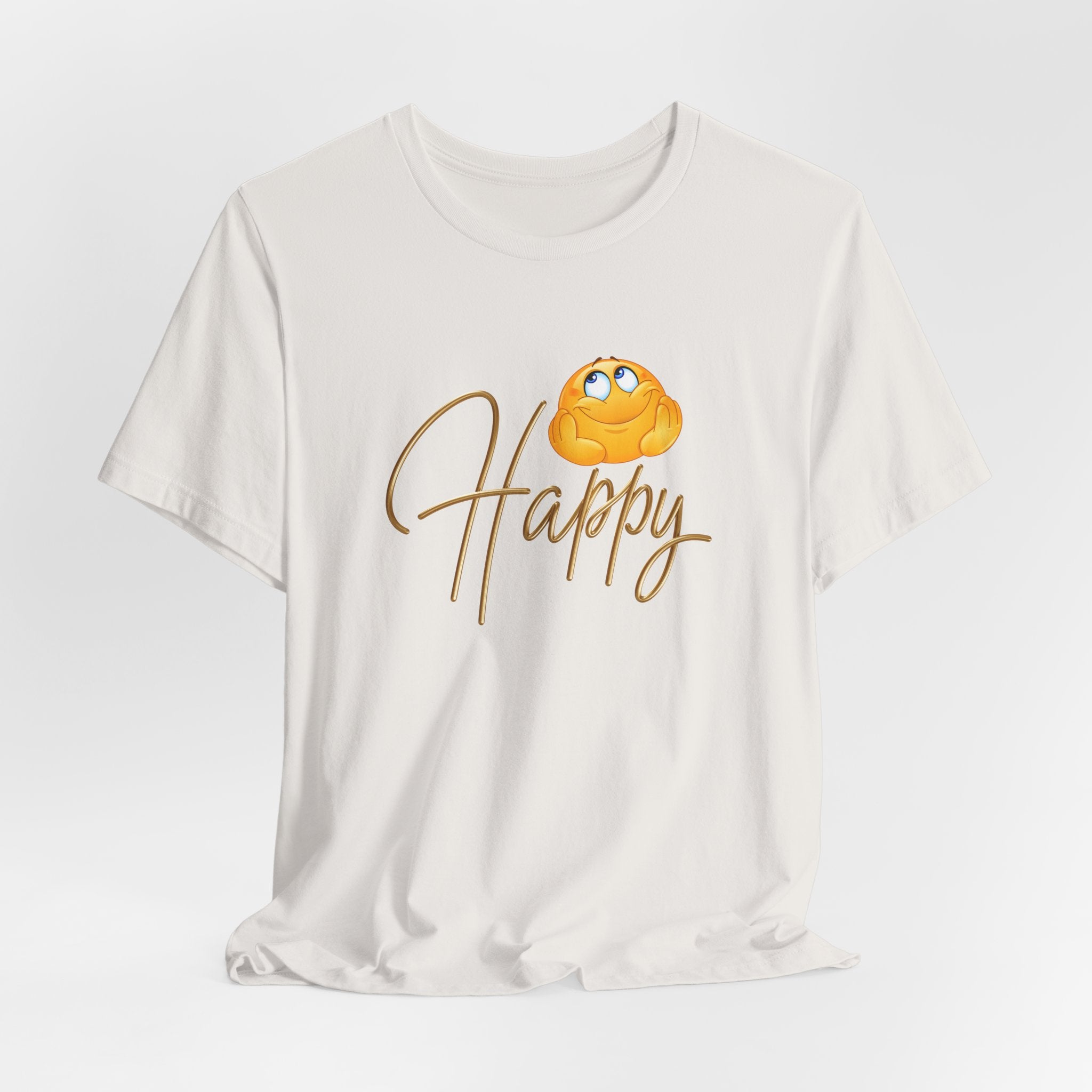 White t-shirt with a smiling emoji and the word 'Happy' on a light gray background