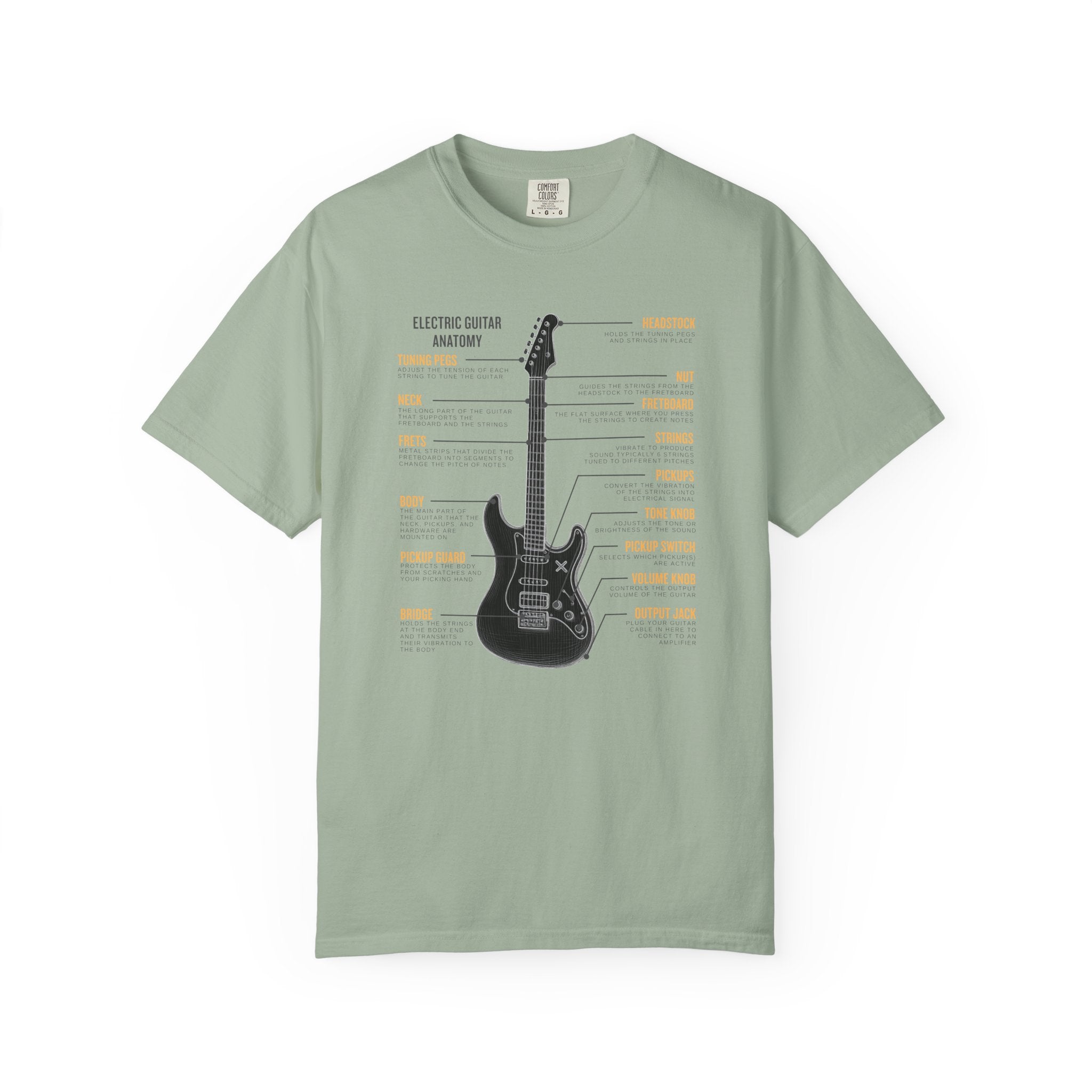 Green t-shirt with black electric guitar graphic and text on a white background