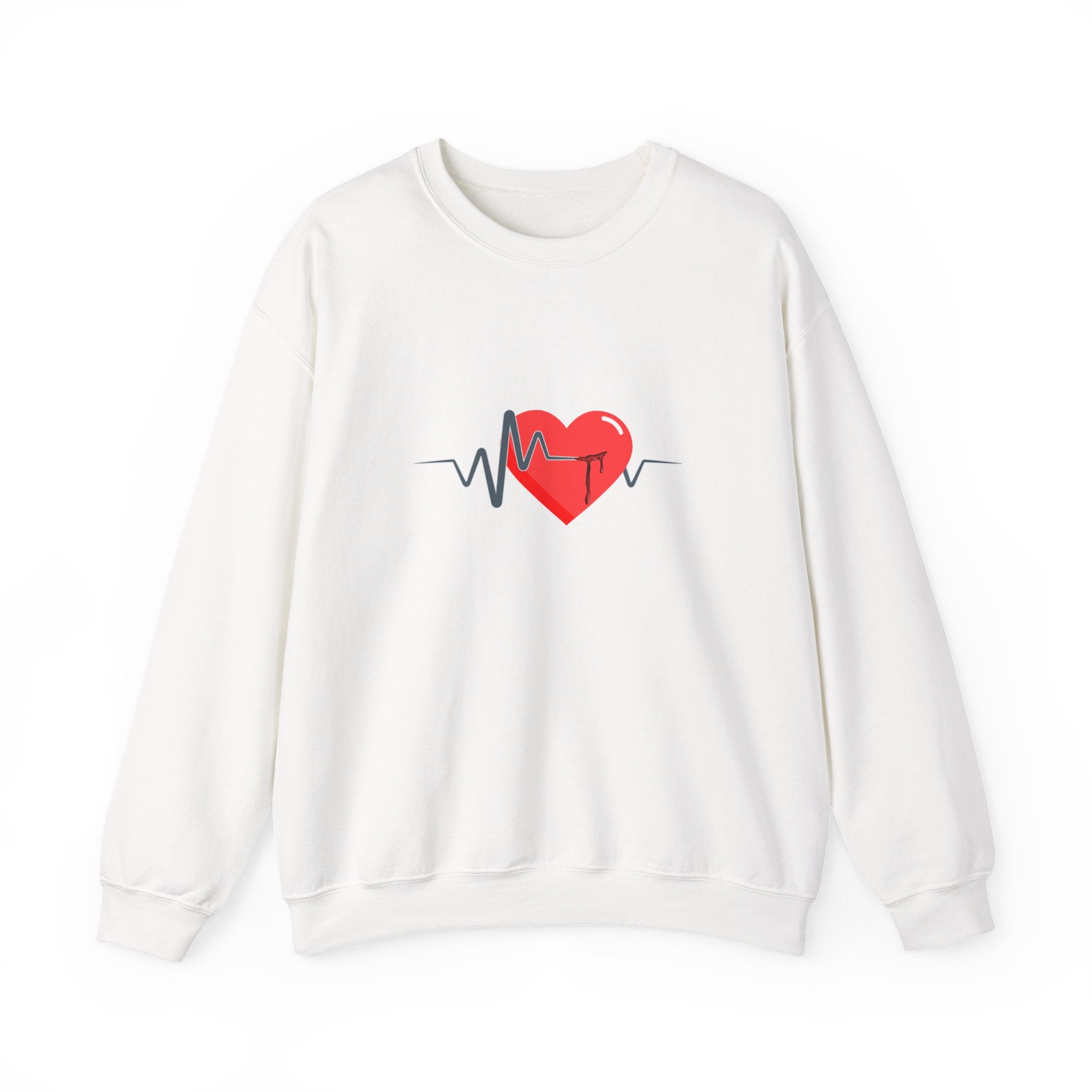White sweatshirt with a red heart and black lines design on a white background