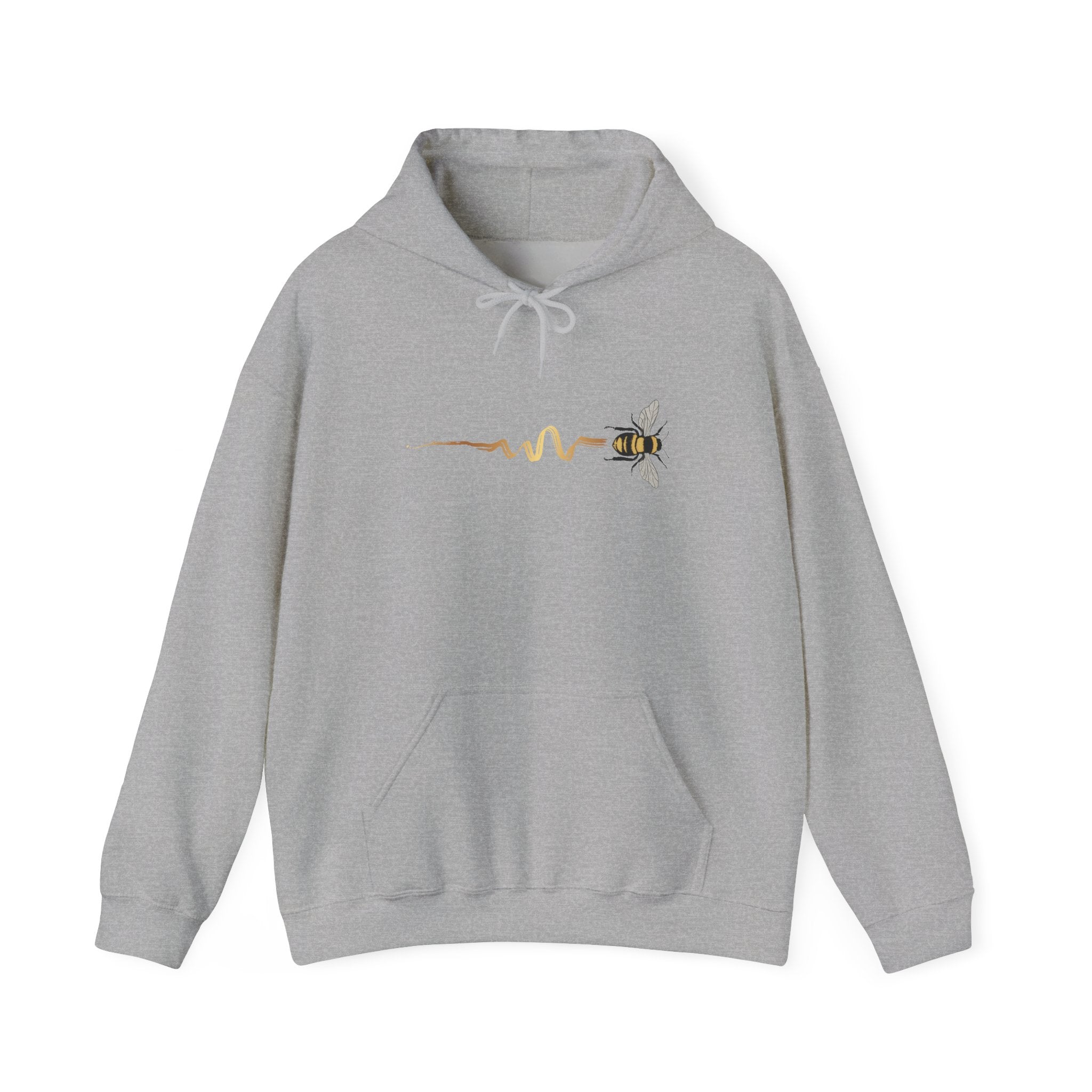 Gray hoodie with a bee design on a white background