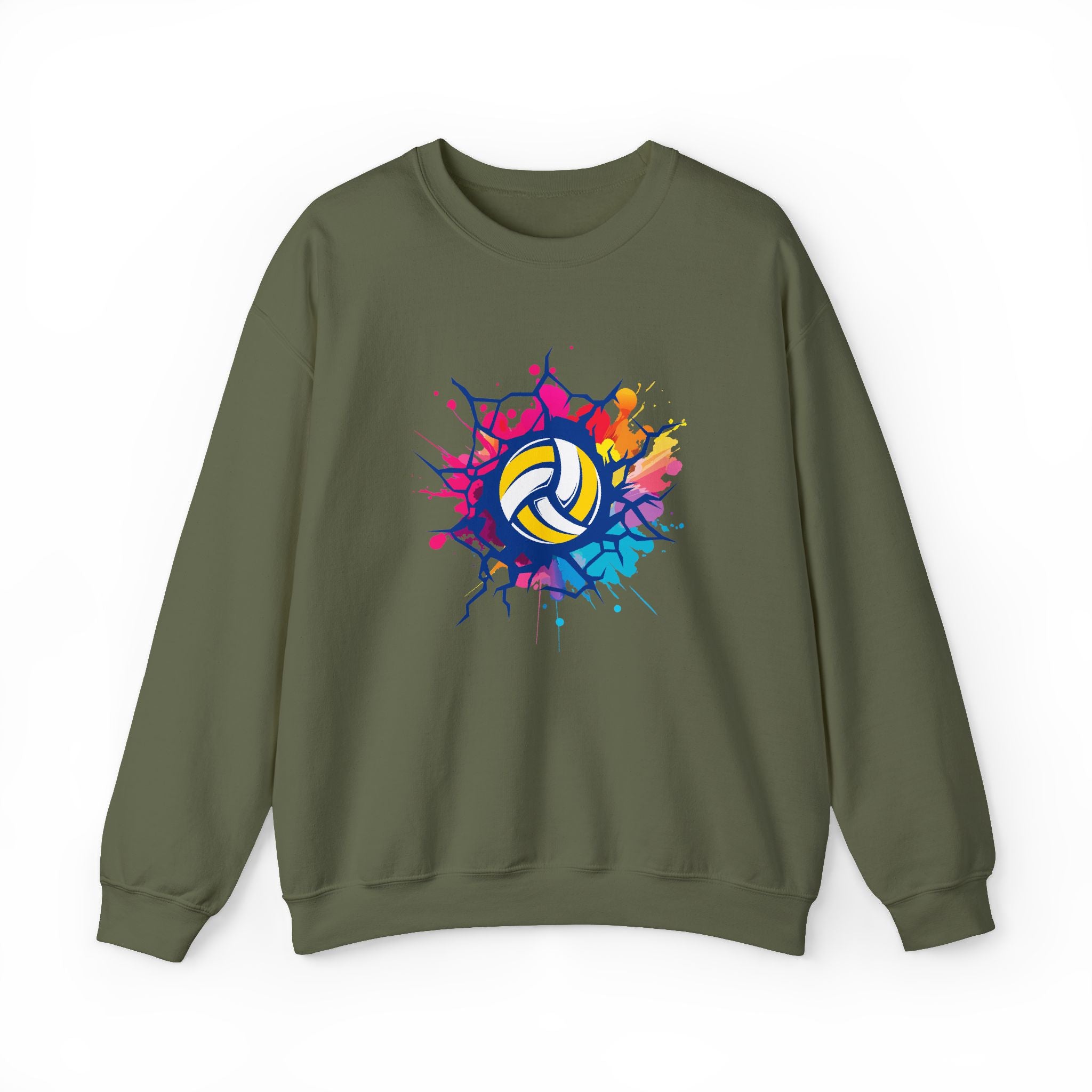 Green sweatshirt with colorful volleyball design on a white background