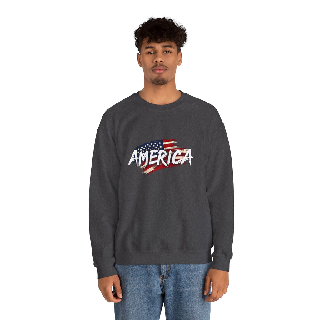 Person wearing a dark gray sweatshirt with an American flag design and the word 'AMERICA' on a white background