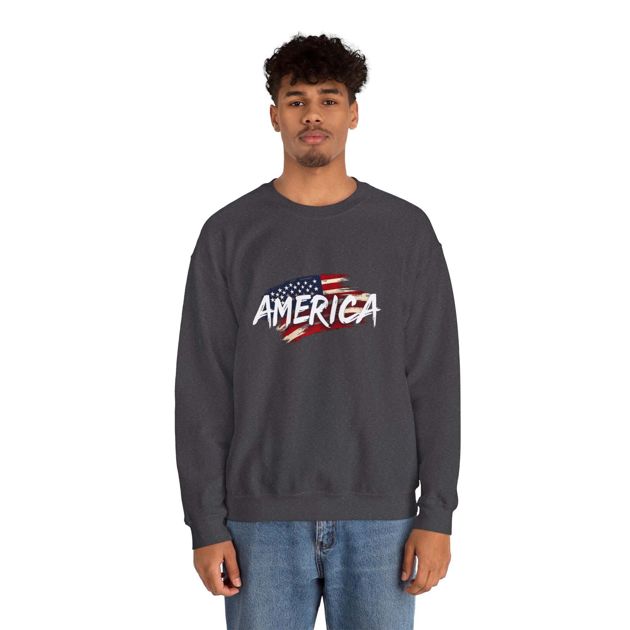 Person wearing a dark gray sweatshirt with an American flag design and the word 'AMERICA' on a white background