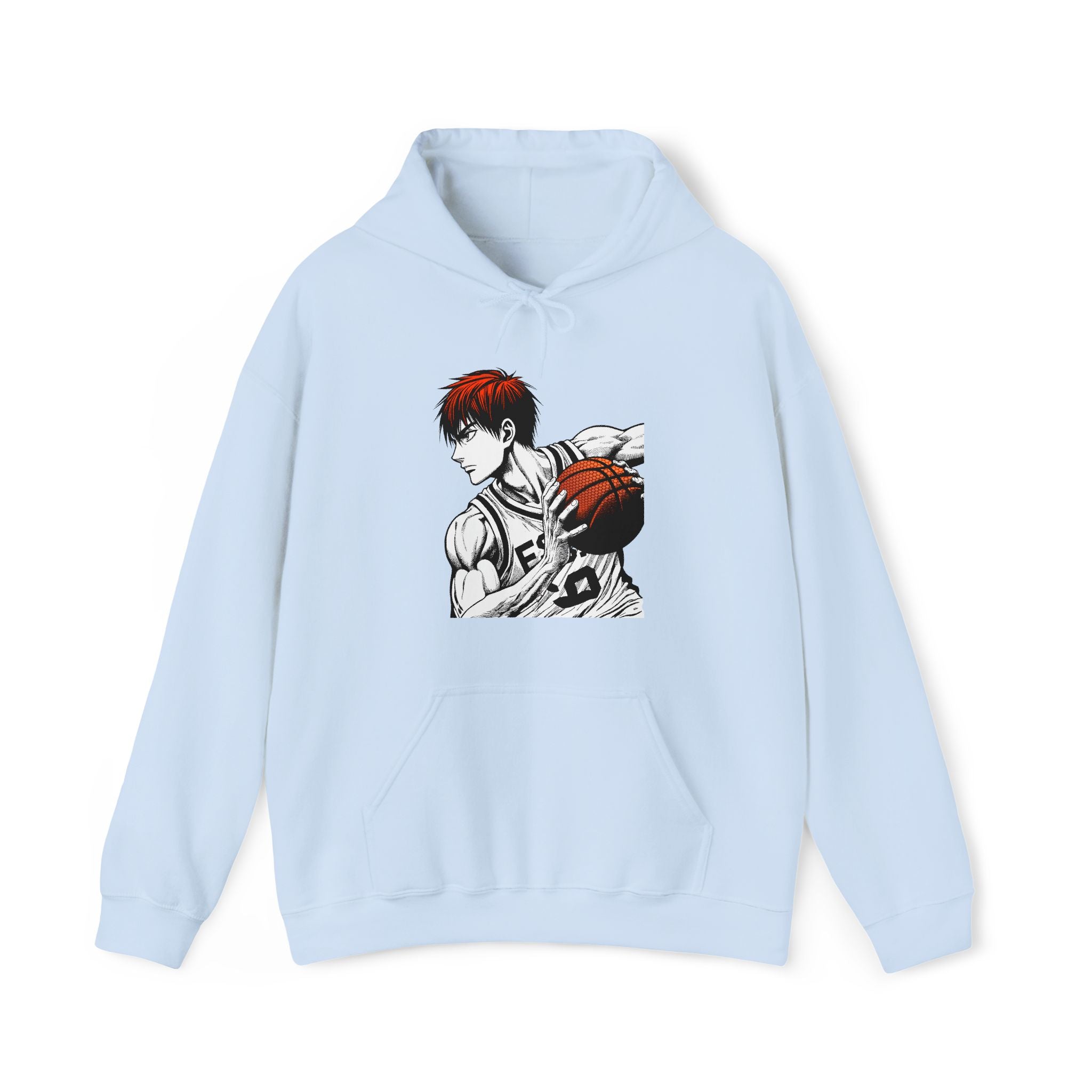 Light blue hoodie with an anime character holding a basketball on a white background
