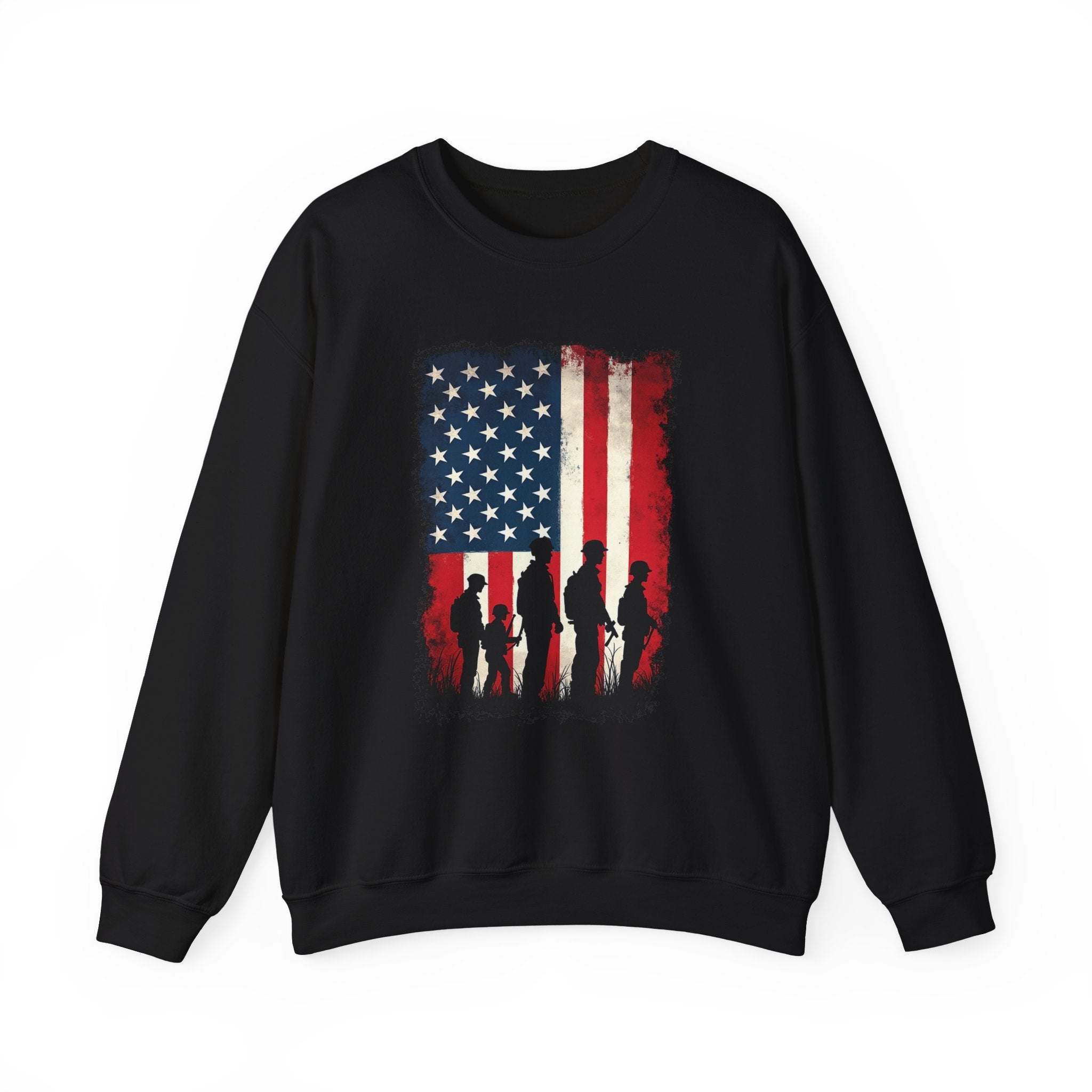 Black sweatshirt with American flag and silhouette design on a white background