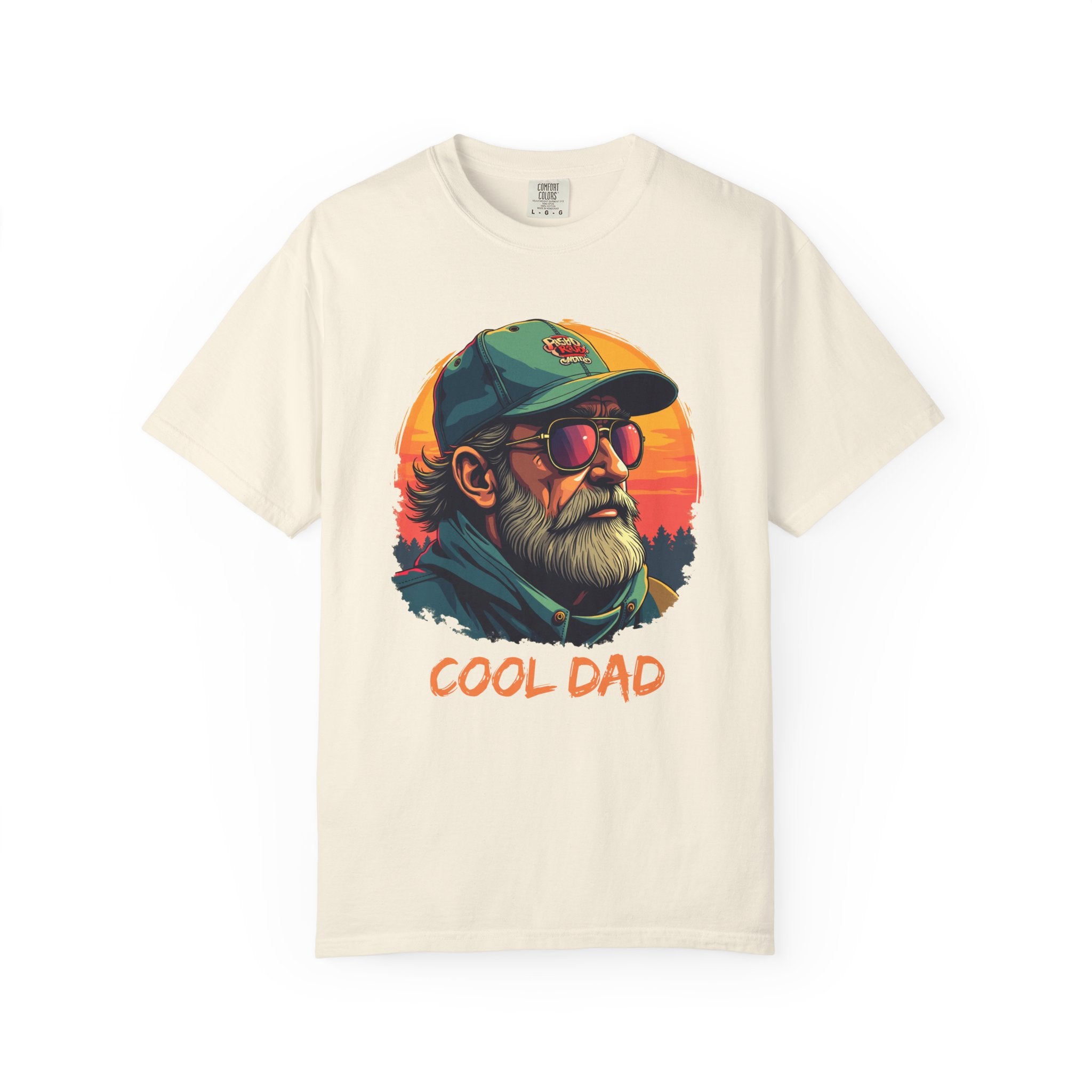 Beige t-shirt with 'Cool Dad' graphic design featuring a man with sunglasses and a cap on a white background