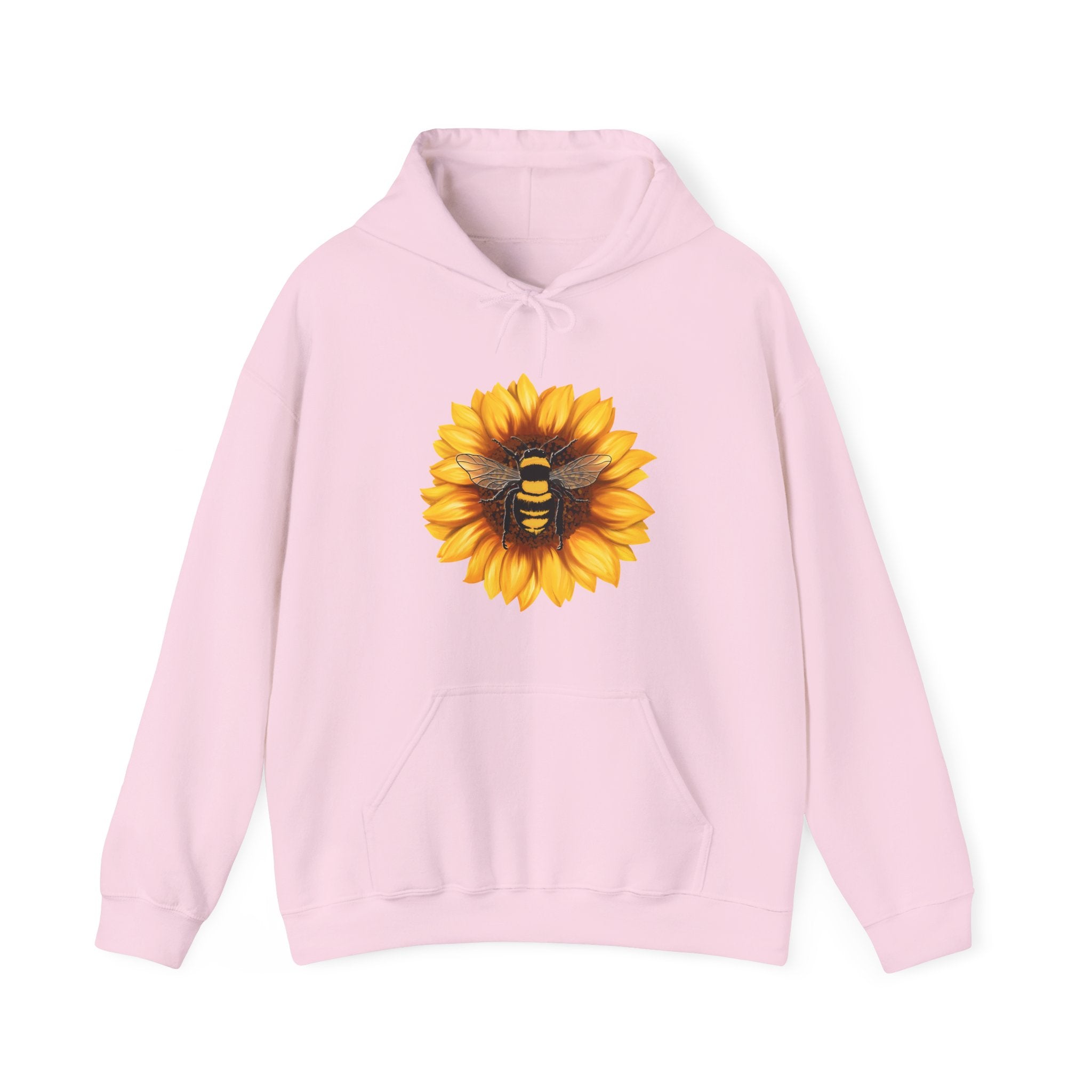 Pink hoodie with a sunflower and bee design on a white background