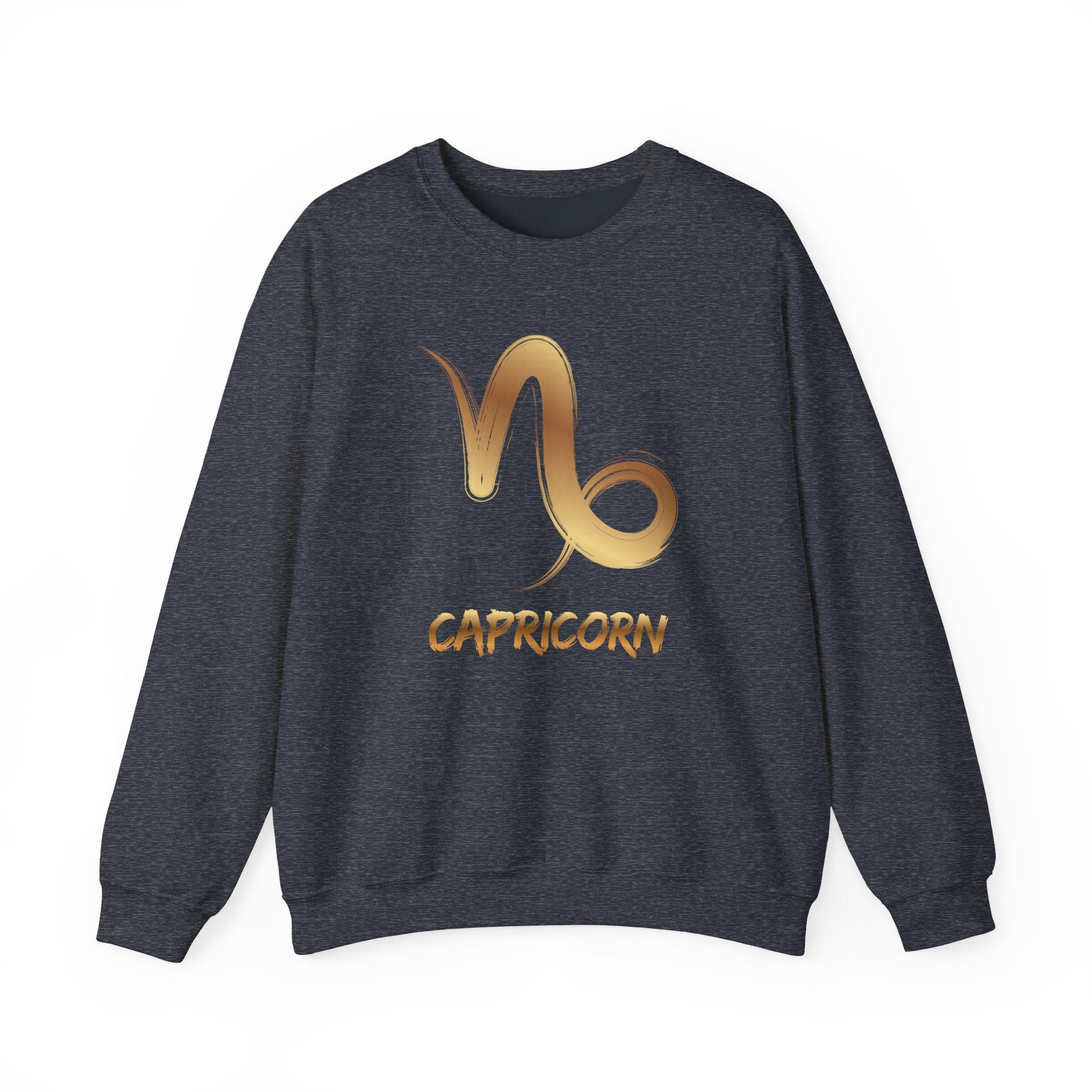 Dark navy sweatshirt with gold Capricorn symbol and text on a white background