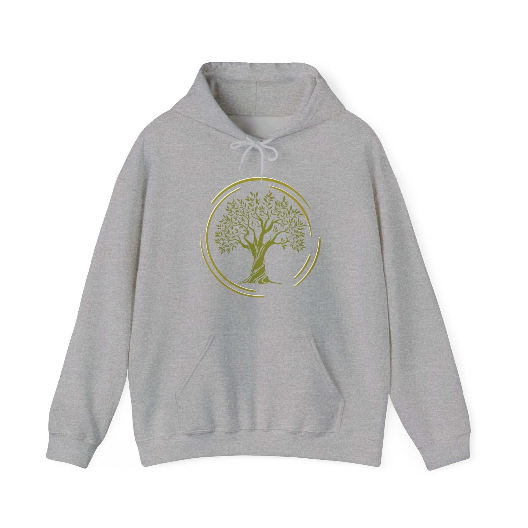 Gray hoodie with a tree graphic on a white background