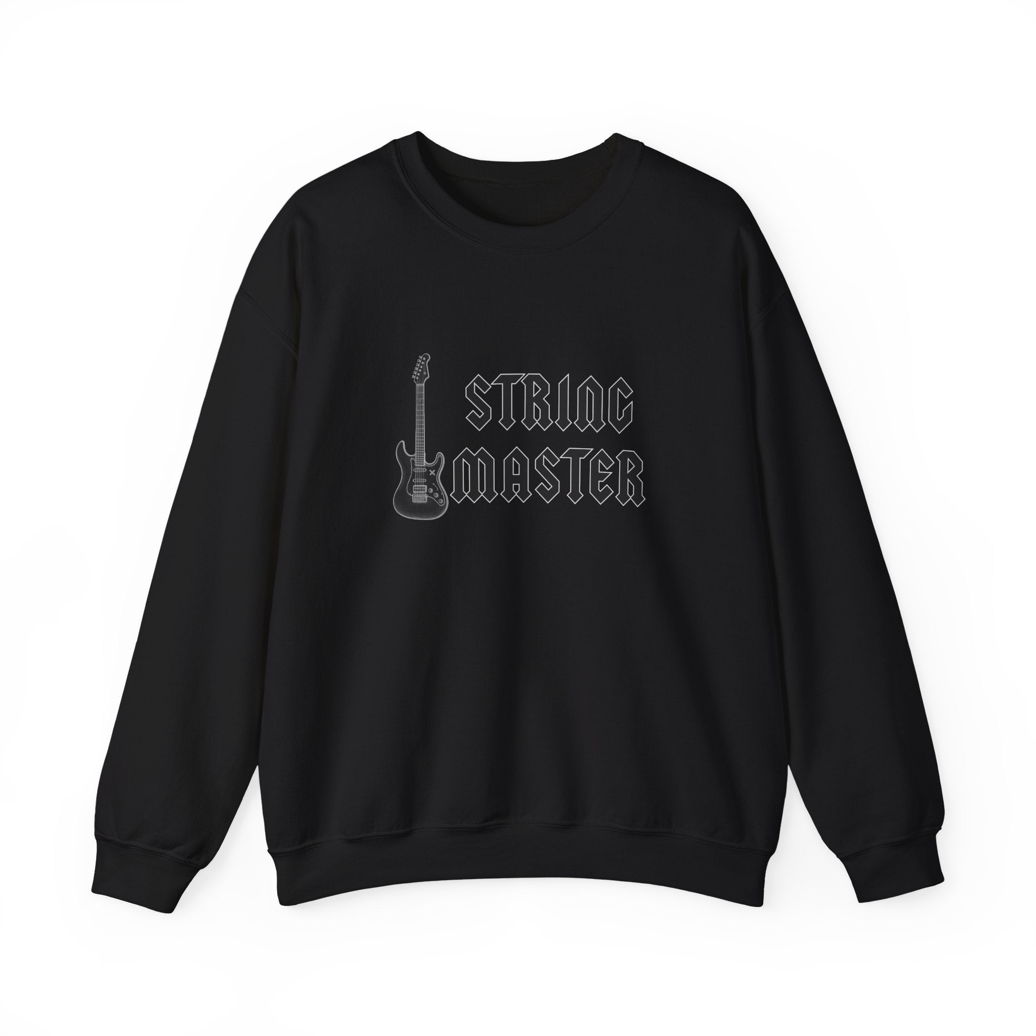 Black sweatshirt with 'String Master' graphic and guitar on a white background