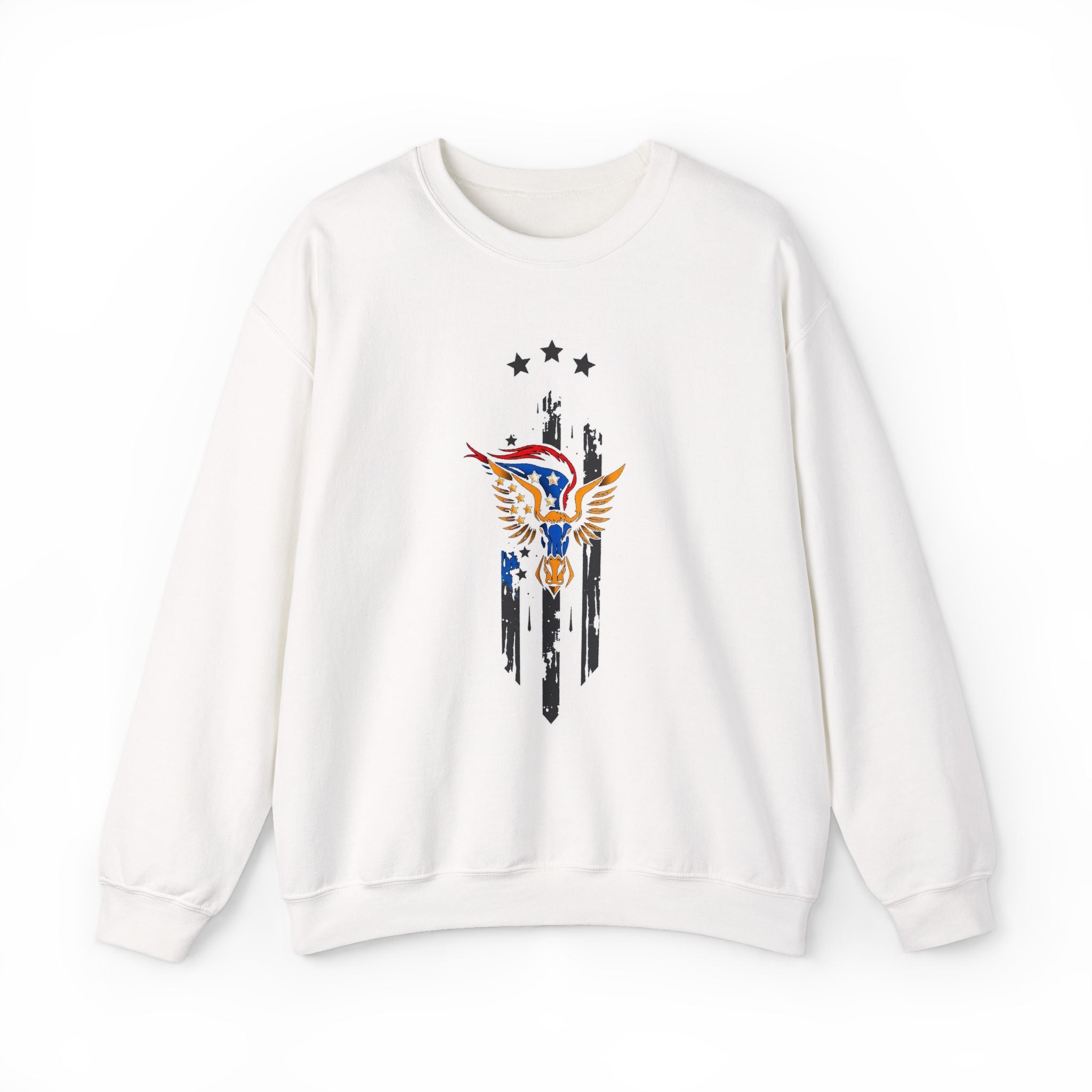 White sweatshirt with a colorful graphic design on a white background