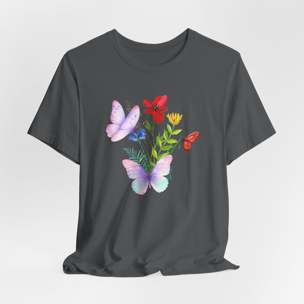 Gray t-shirt with colorful butterfly and flower design on a white background
