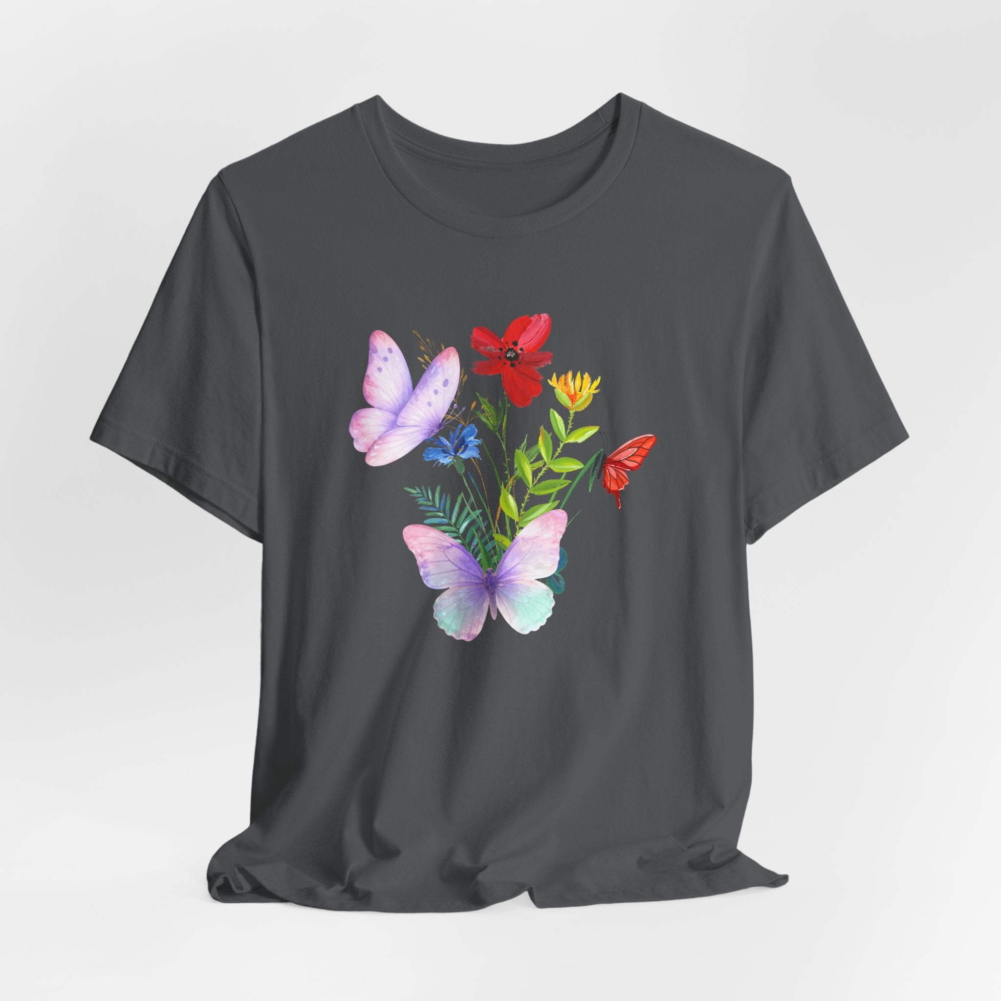 Gray t-shirt with colorful butterfly and flower design on a white background