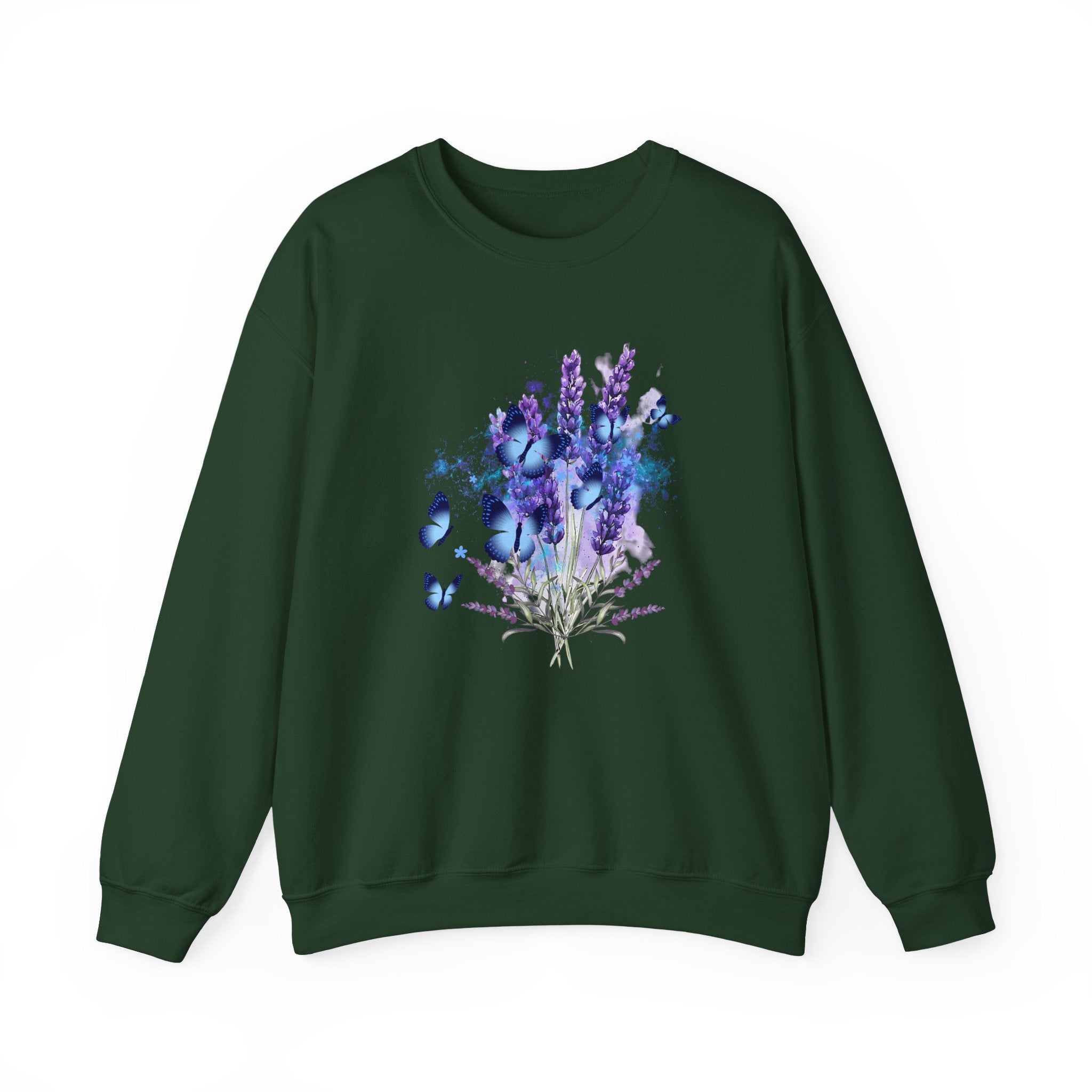 Green sweatshirt with a colorful floral design on a white background