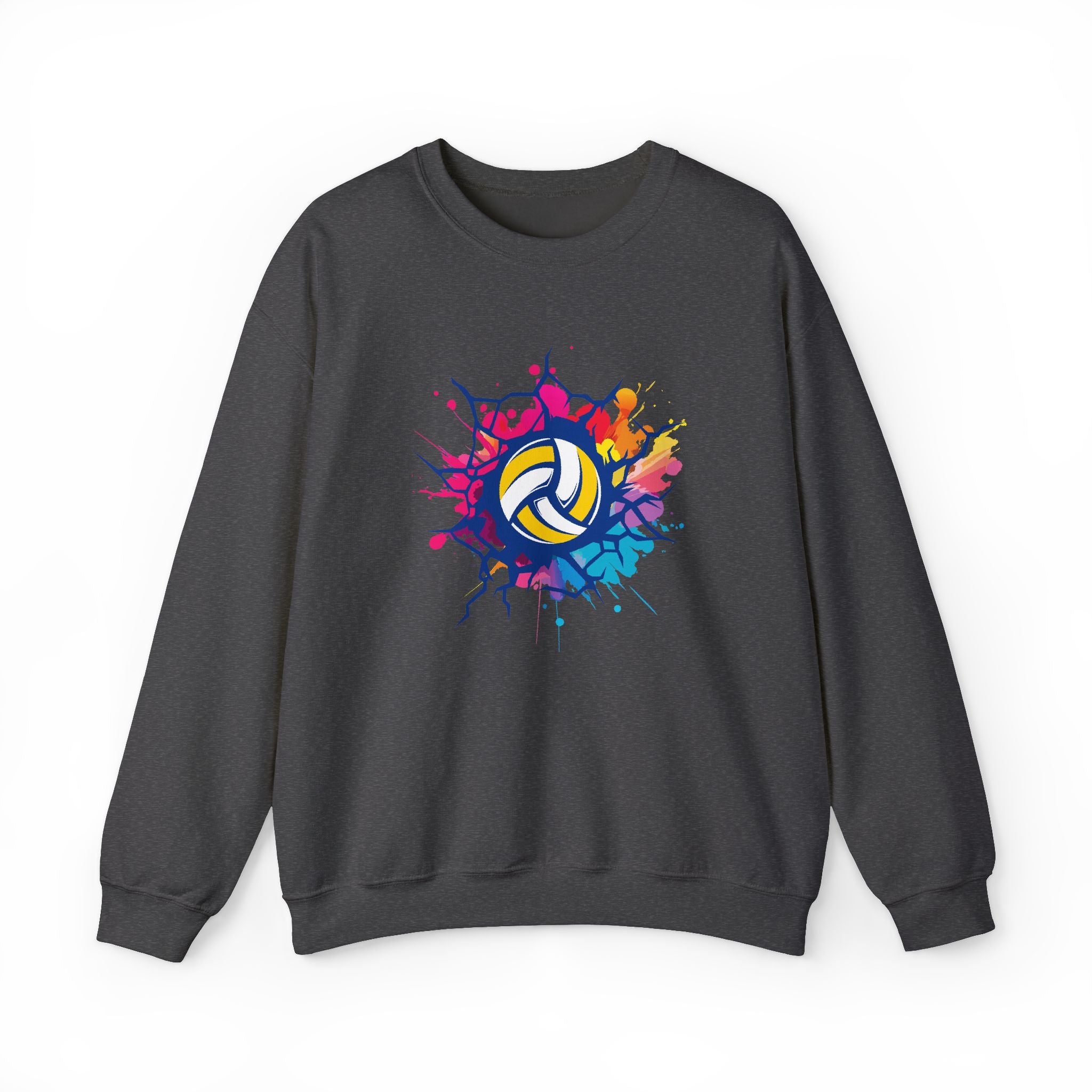Gray sweatshirt with colorful volleyball design on a white background