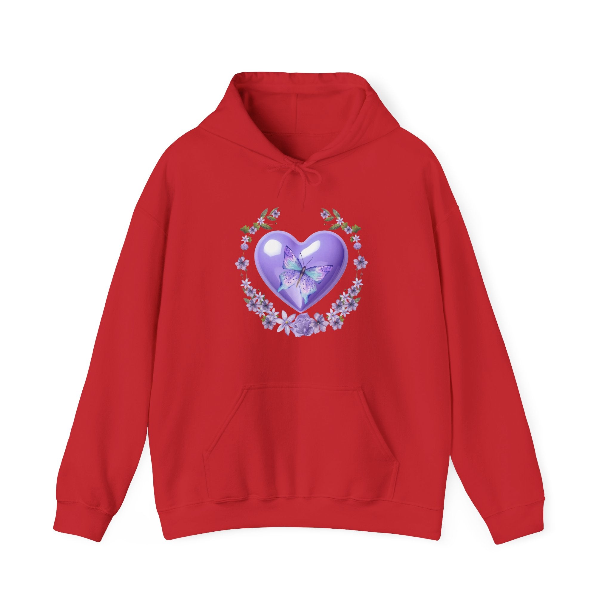 Red hoodie with a heart design featuring a purple heart and butterfly on a white background
