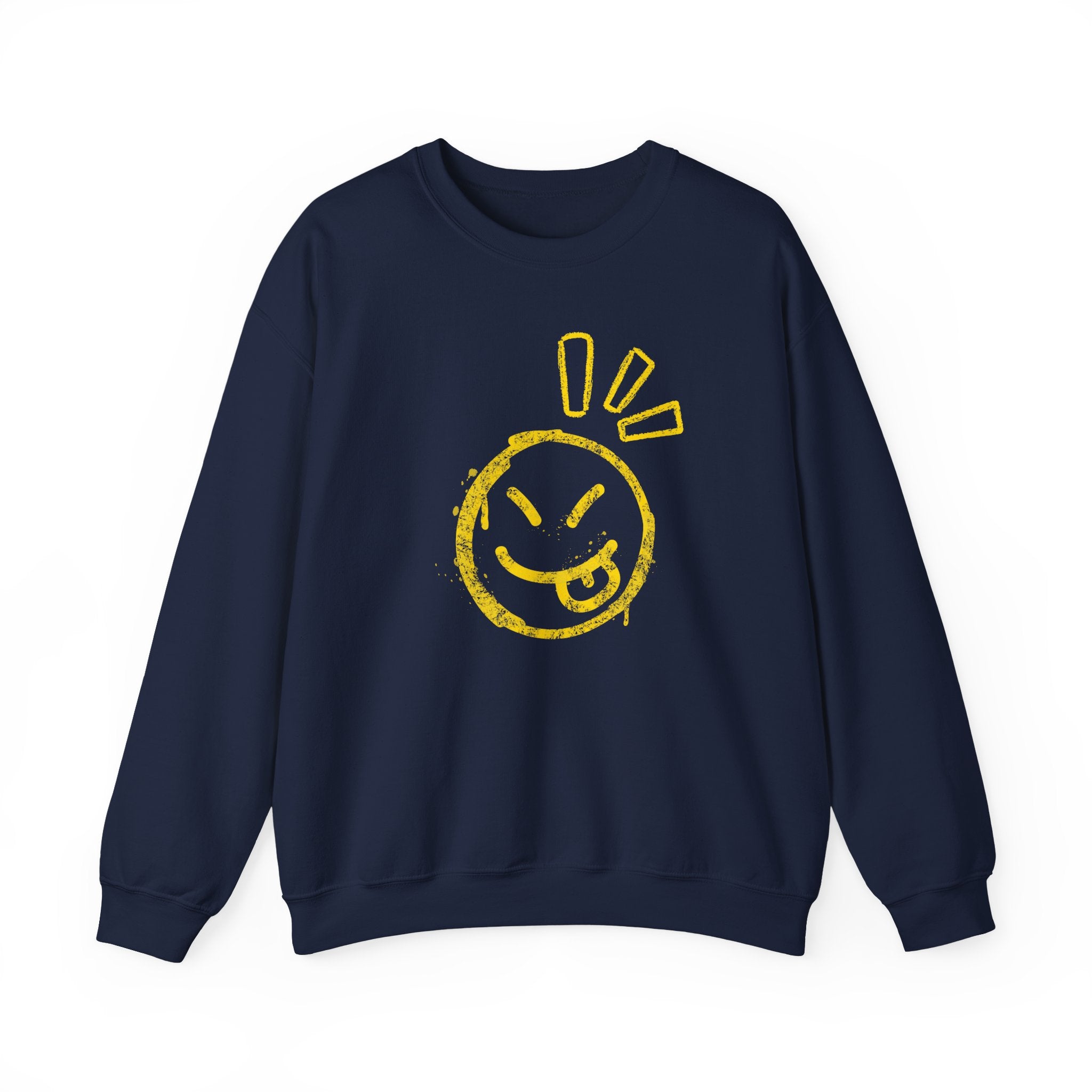 Navy blue sweatshirt with a yellow smiley face design on a white background