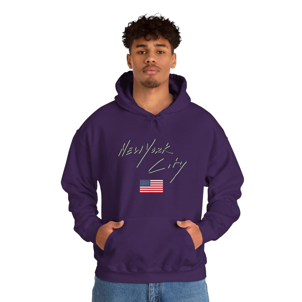 Person wearing a purple hoodie with 'New York City' text and American flag on a white background
