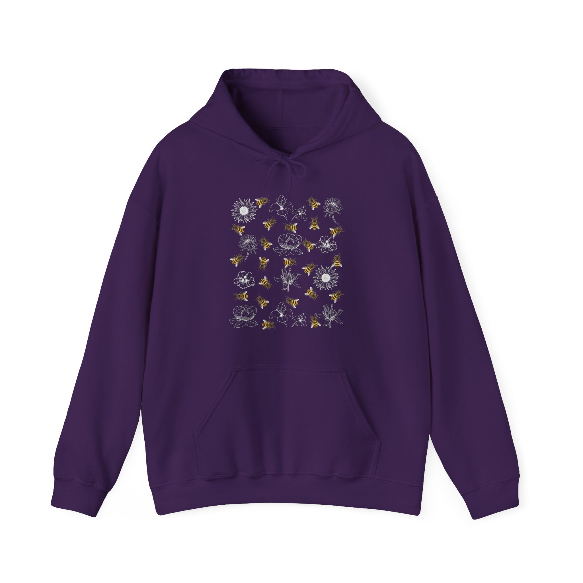 Purple hoodie with floral and bee design on a white background