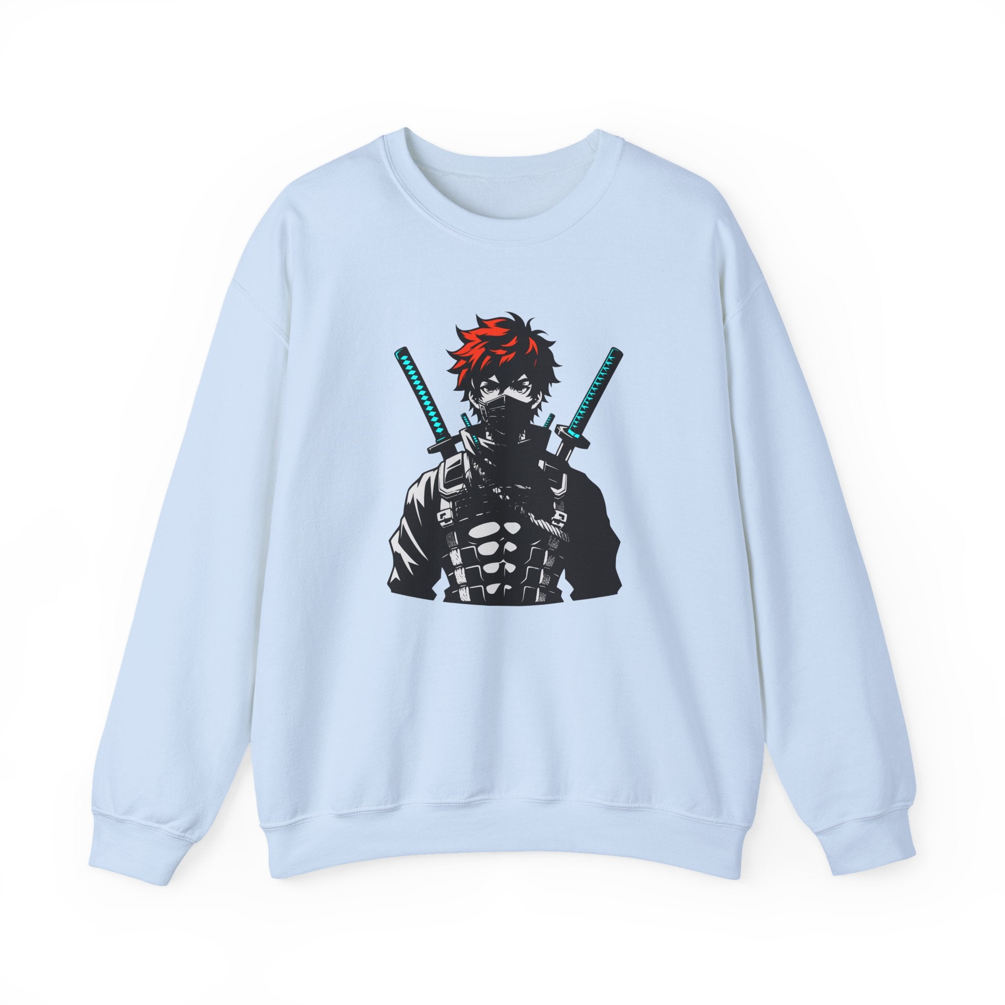 Light blue sweatshirt with a graphic design of a character holding swords on a white background
