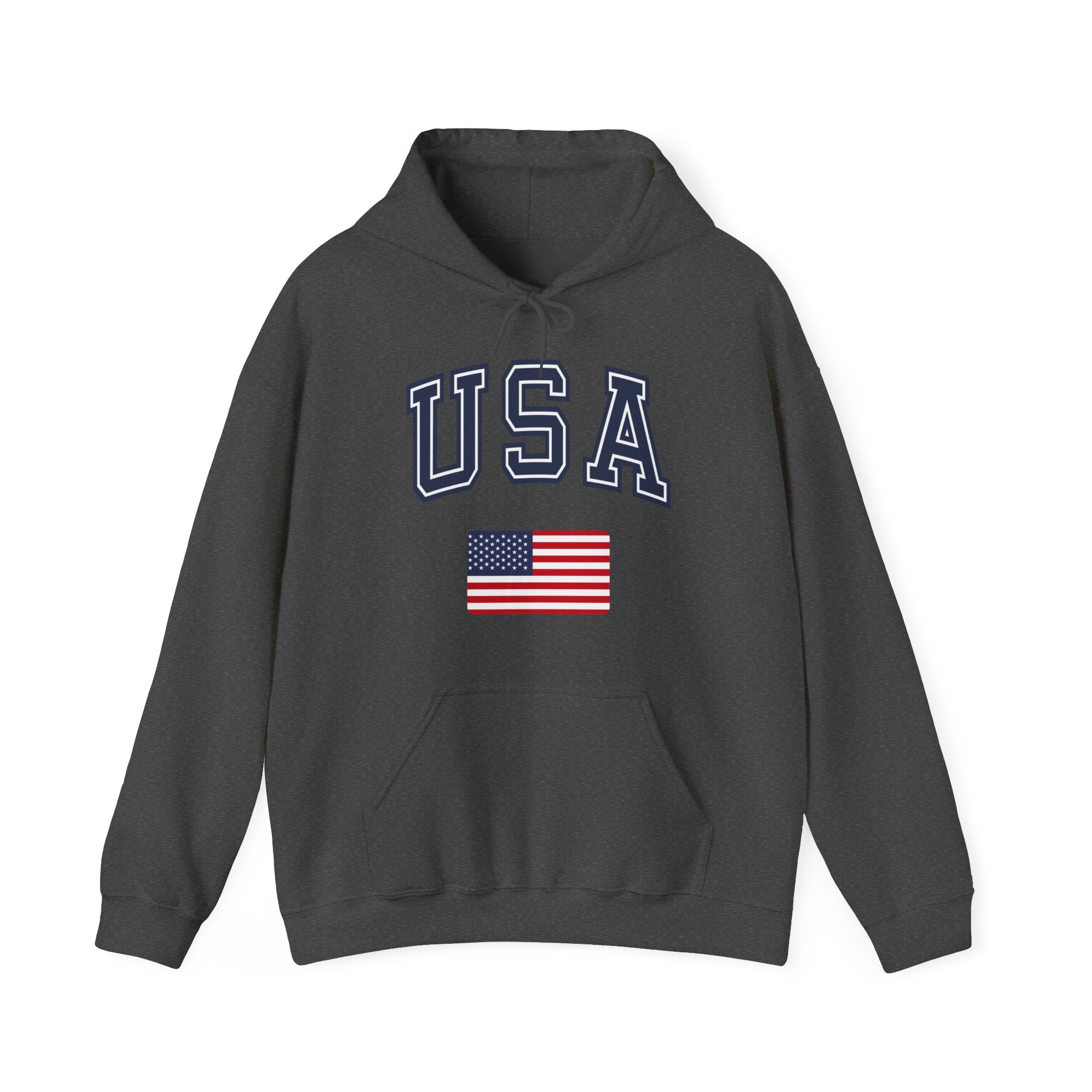 Gray hoodie with 'USA' text and American flag on a white background