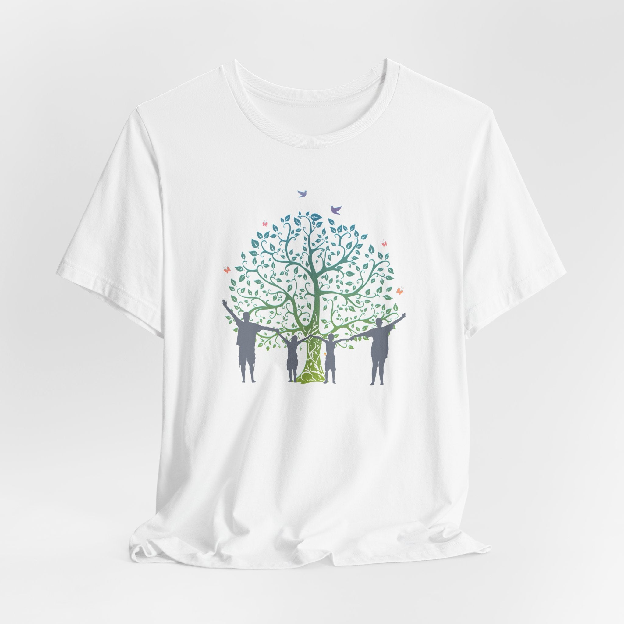 White t-shirt with a tree and people graphic on a white background