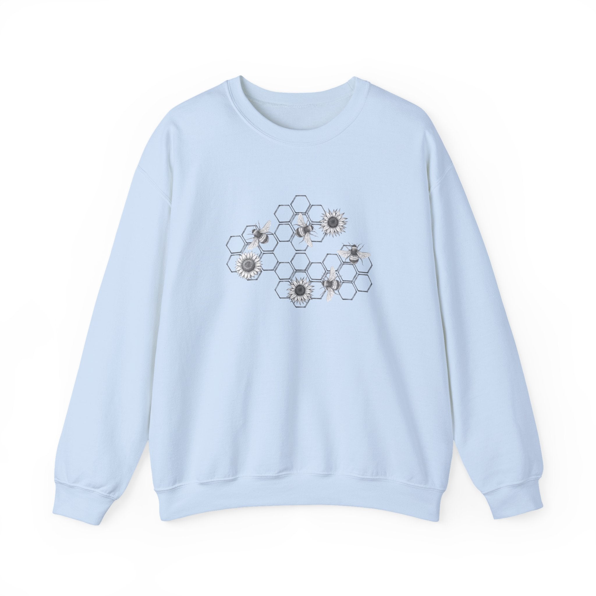 Light blue sweatshirt with floral and honeycomb design on a white background