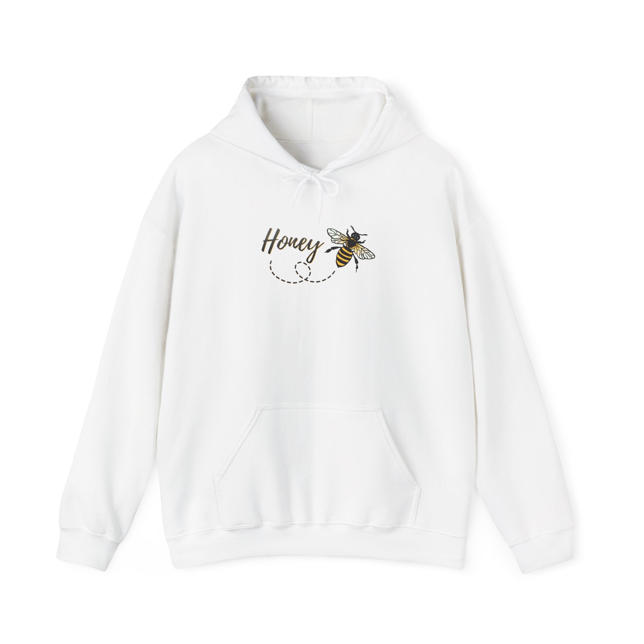 White hoodie with honey bee animal & text "Honey" on a white background