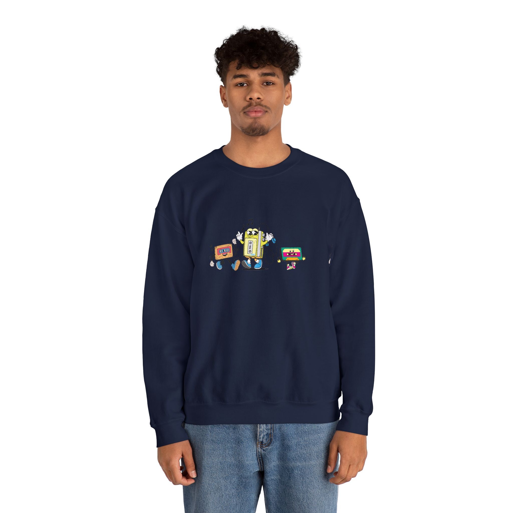 Person wearing a navy blue sweatshirt with a colorful graphic on a white background