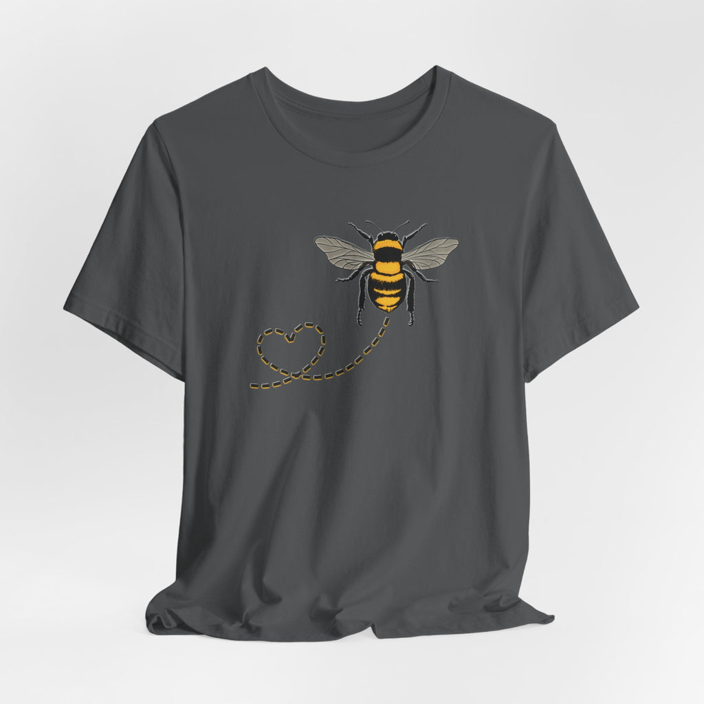 Gray t-shirt with a bee design on a white background