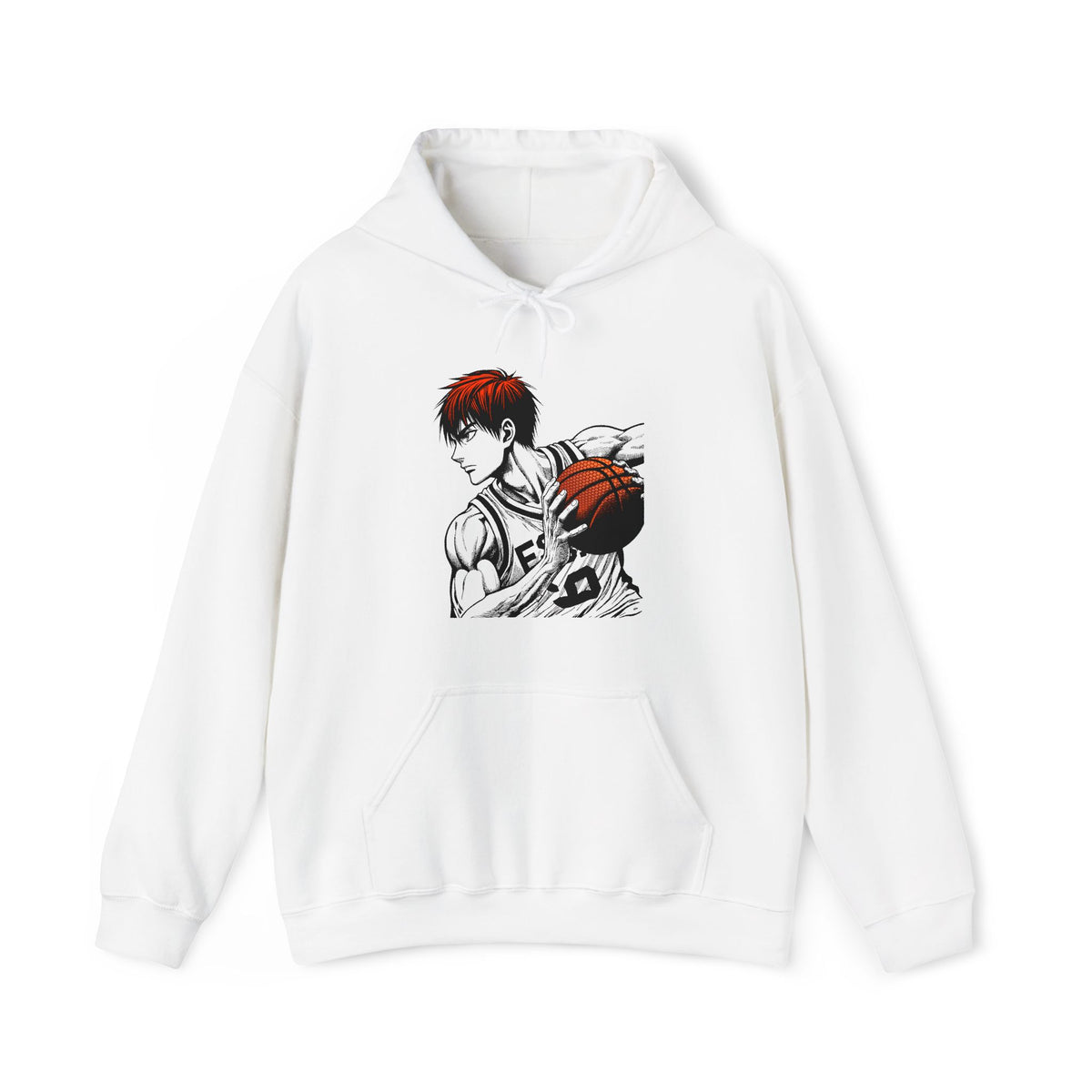 White hoodie with an anime character holding a basketball on a white background