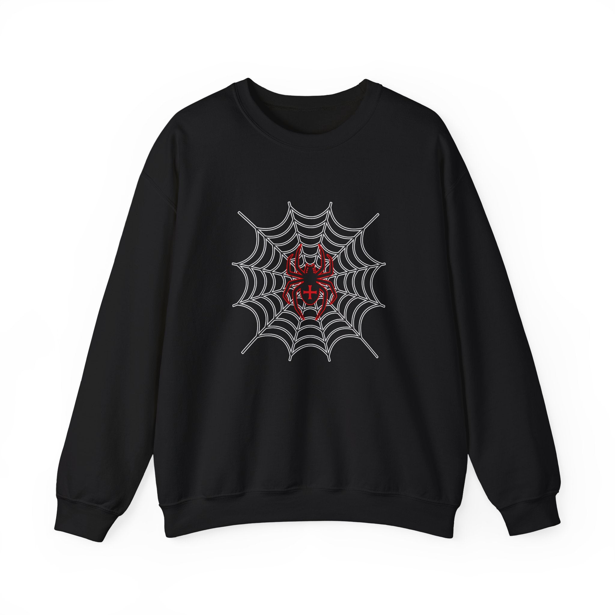Black sweatshirt with spider web and spider design on a white background