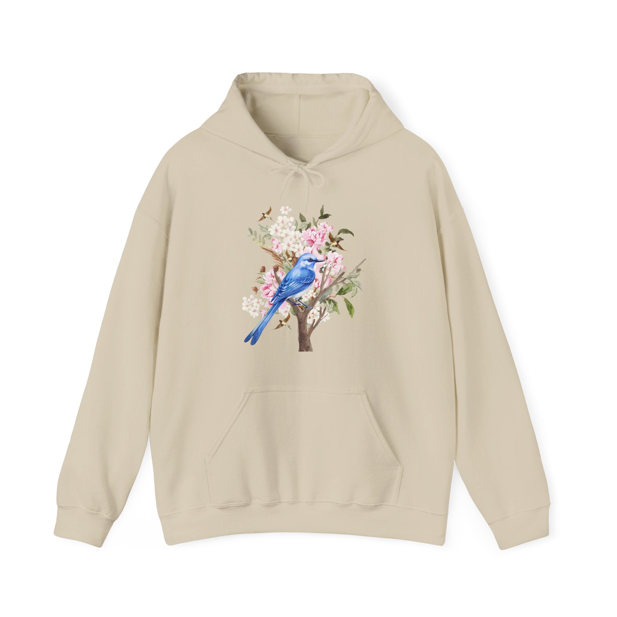 Beige hoodie with a blue bird and floral design on a white background