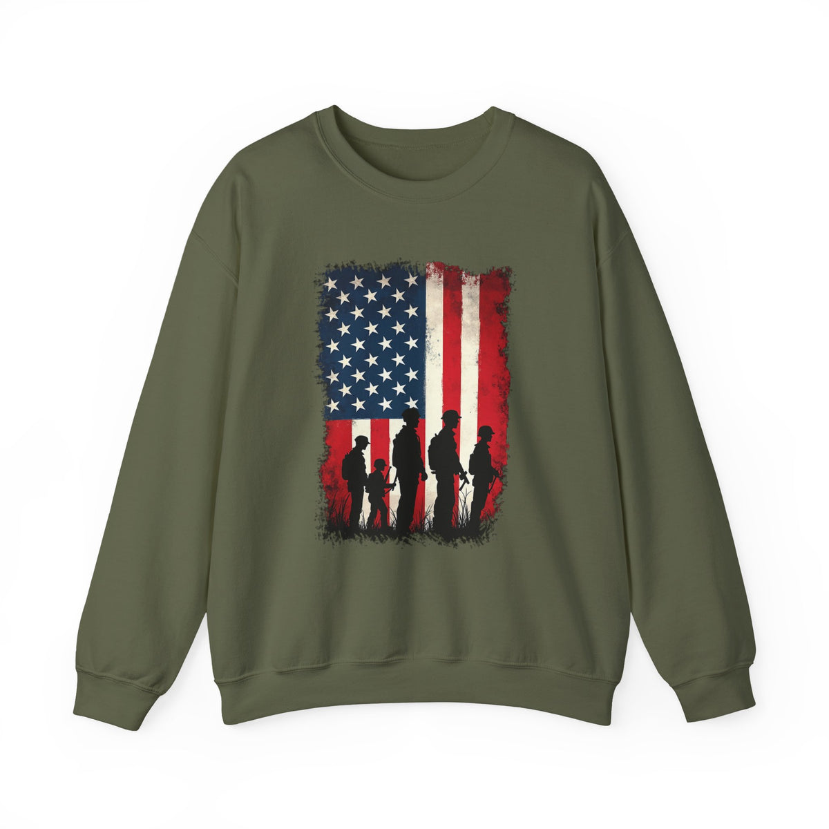 Green sweatshirt with American flag and silhouette design on a white background