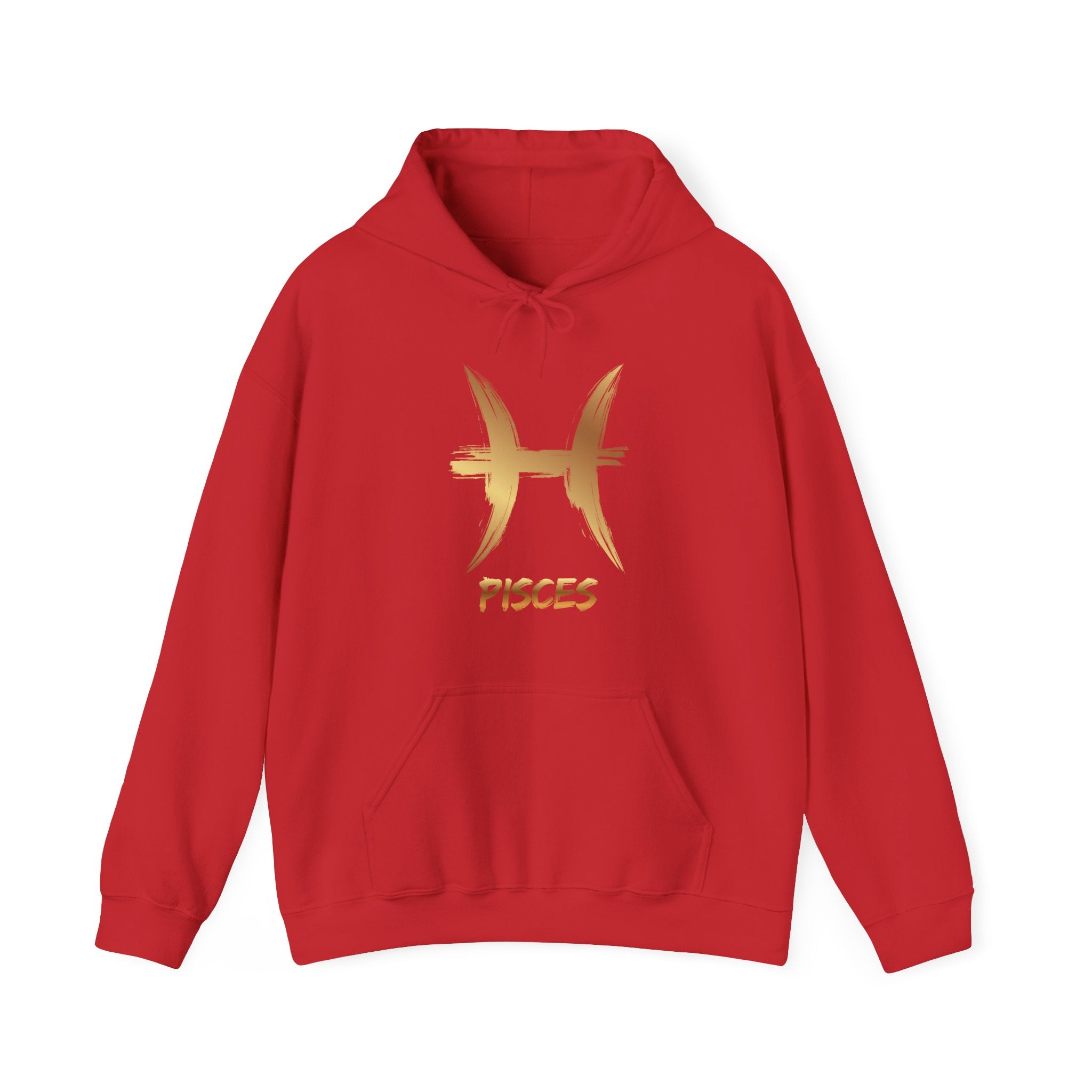 Red hoodie with gold Pisces symbol and text on a white background