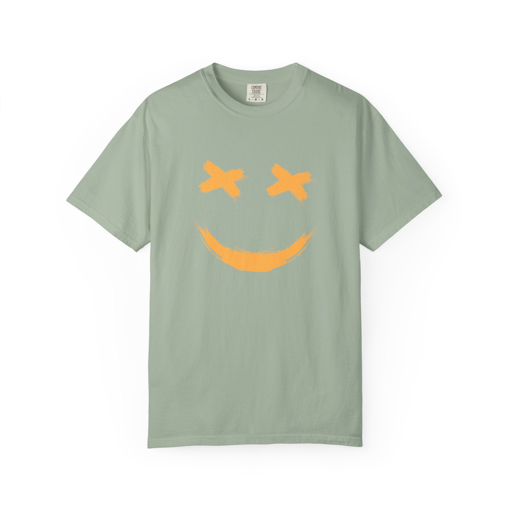 Bay green t-shirt with a smiley logo on the chest against a white background