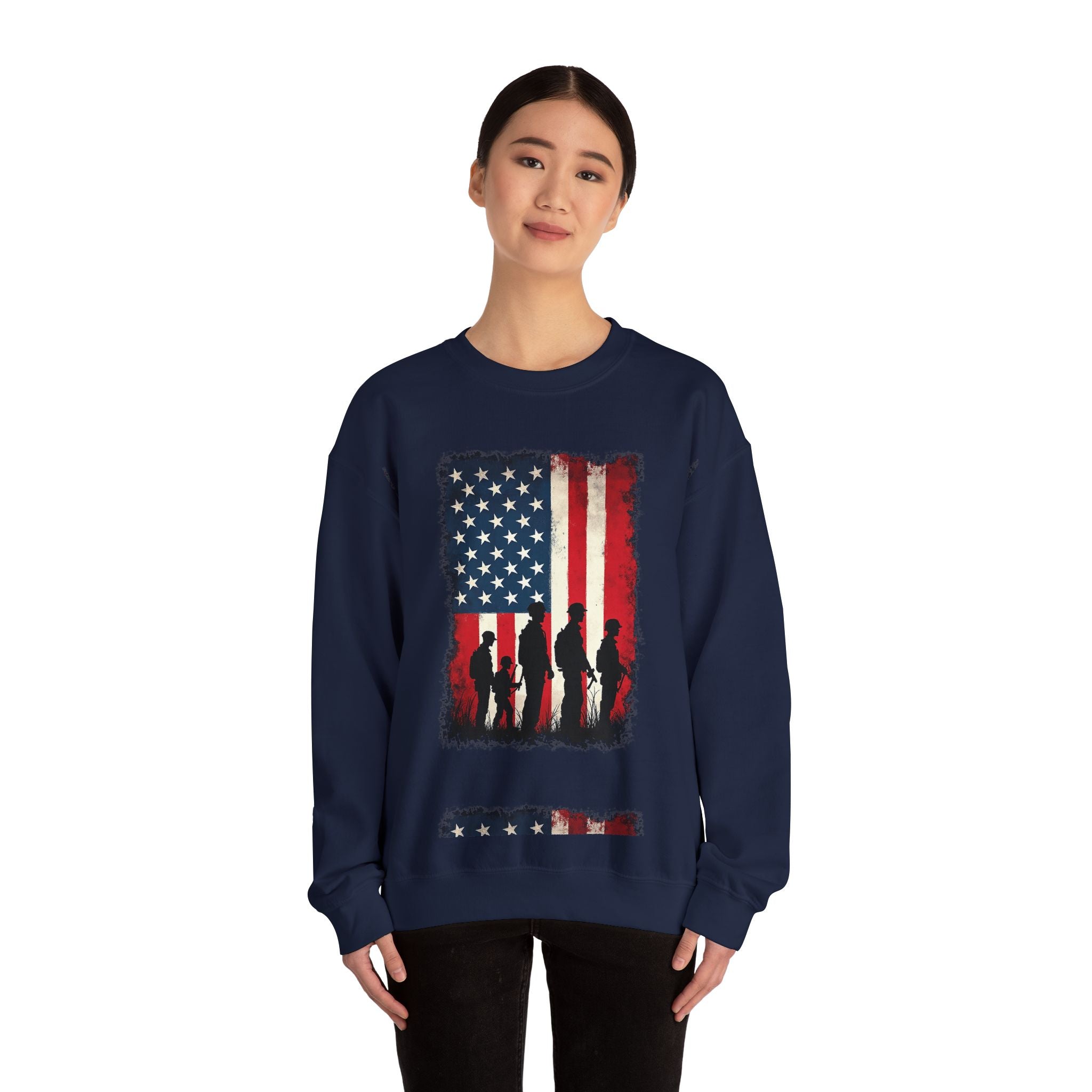 Navy blue sweatshirt with American flag and silhouette design worn by a person on a white background