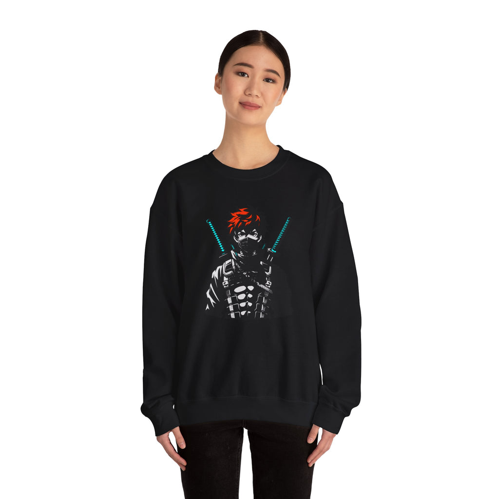 Person wearing a black sweatshirt with a graphic design of a character holding swords on a white background