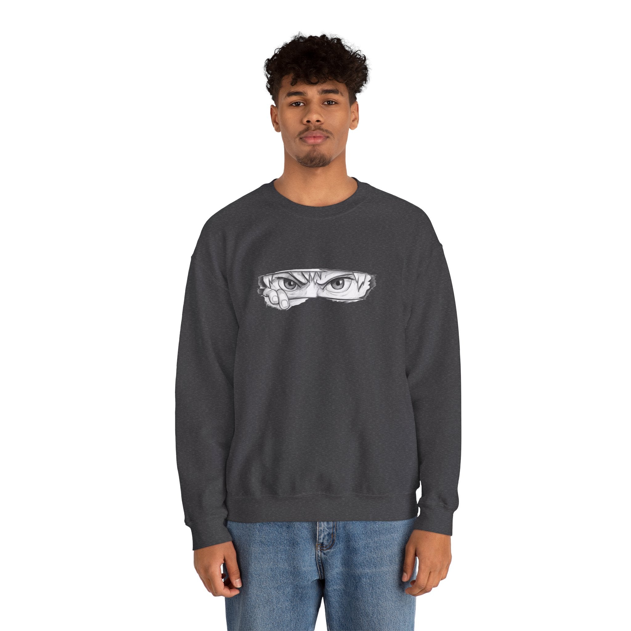 Person wearing a dark gray sweatshirt with a anime eyes design on a white background